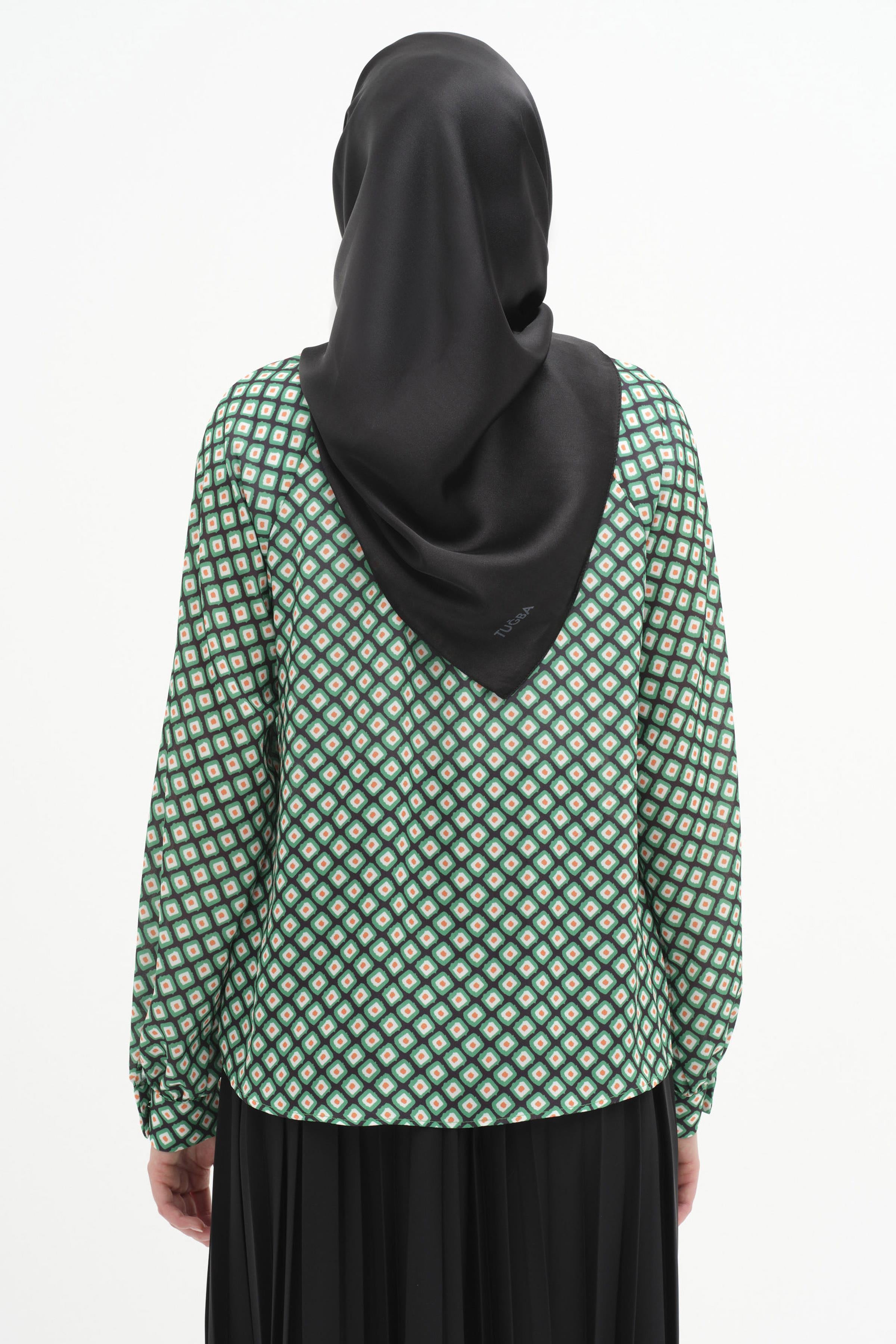 Fırfır Yakalı Büzgülü Desenli Gömlek - Yeşil TUGBA