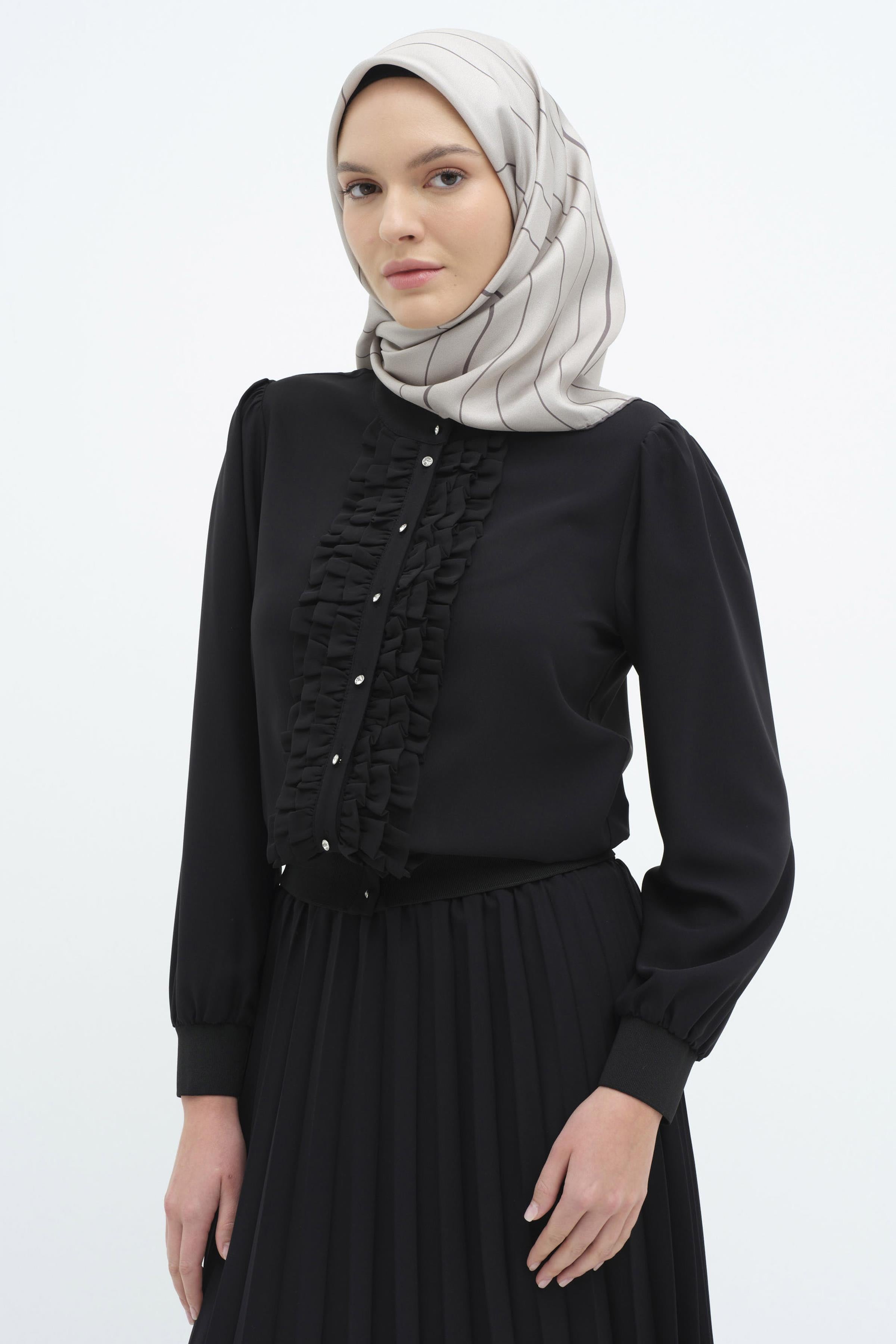 Fırfırlı Ribana Detaylı Gömlek - Siyah TUGBA