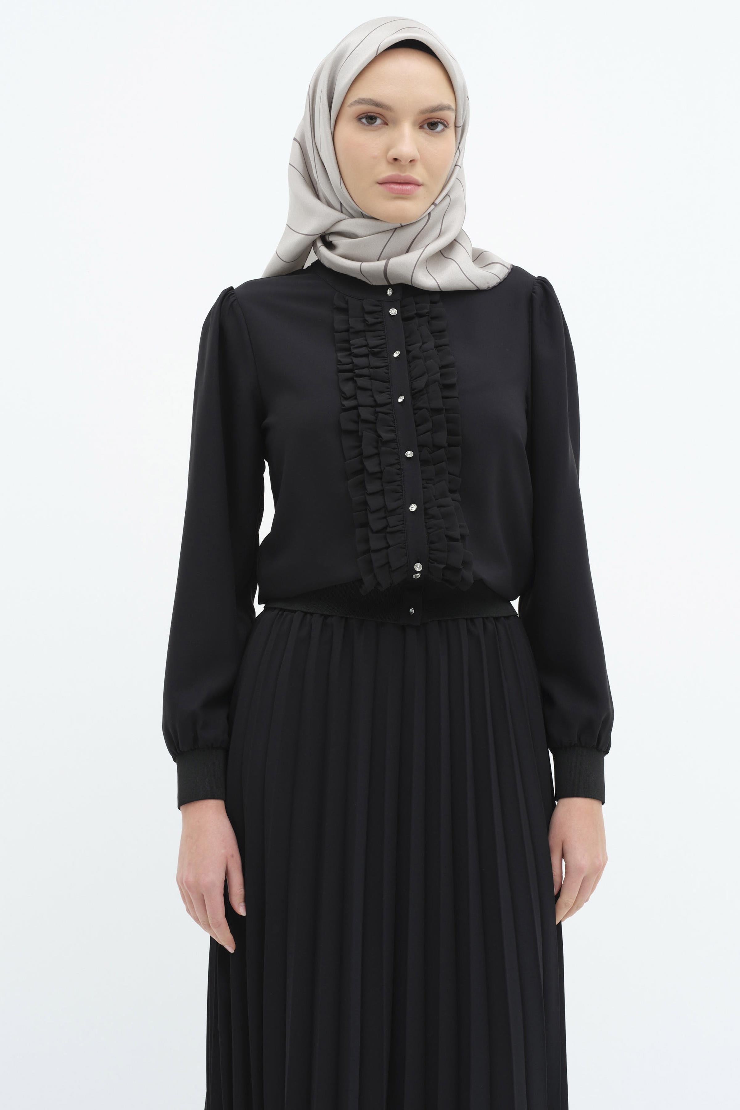 Fırfırlı Ribana Detaylı Gömlek - Siyah TUGBA