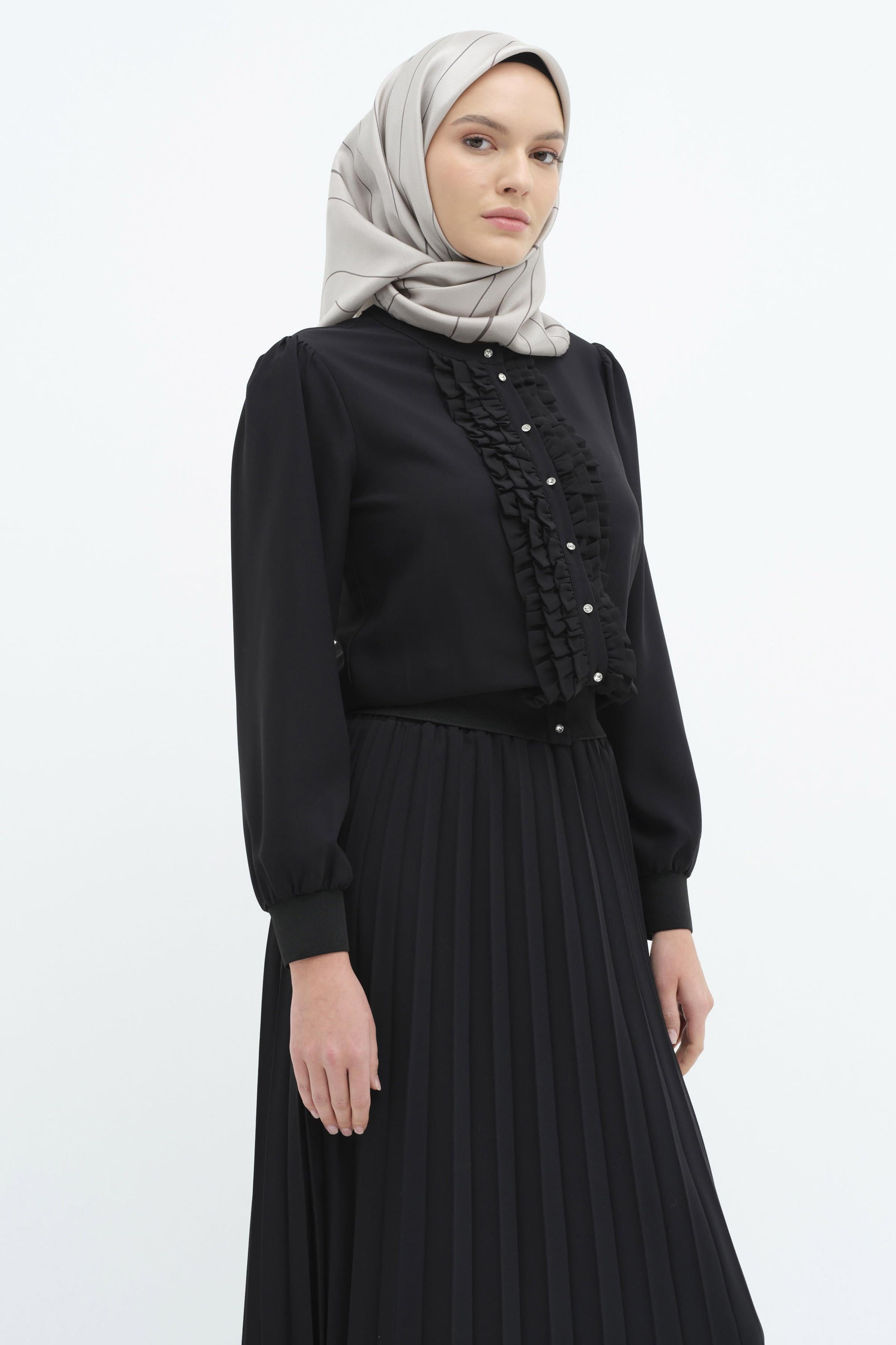 Fırfırlı Ribana Detaylı Gömlek - Siyah TUGBA