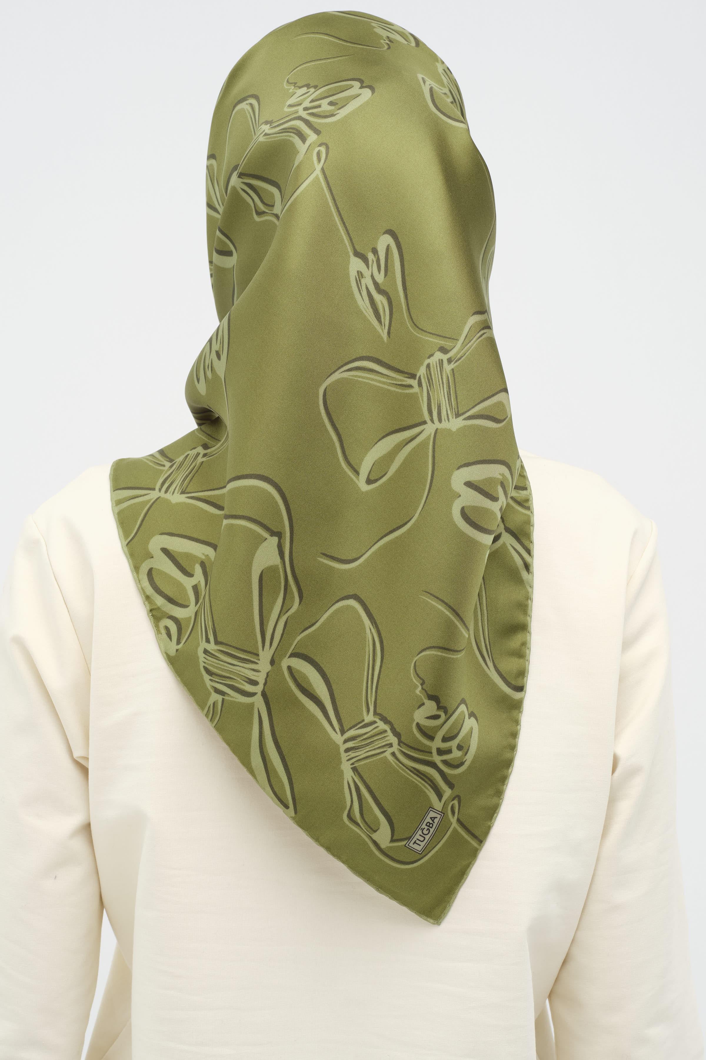 Fiyonk Desenli Twill İpek Eşarp - Fıstık Yeşili TUGBA