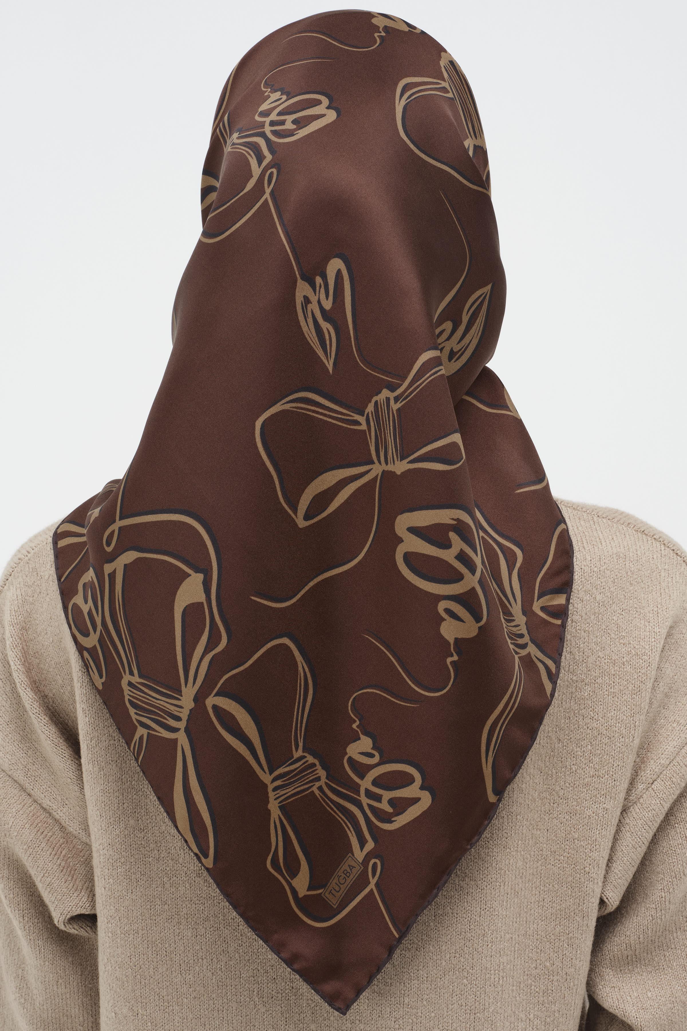 Fiyonk Desenli Twill İpek Eşarp - Kahve TUGBA