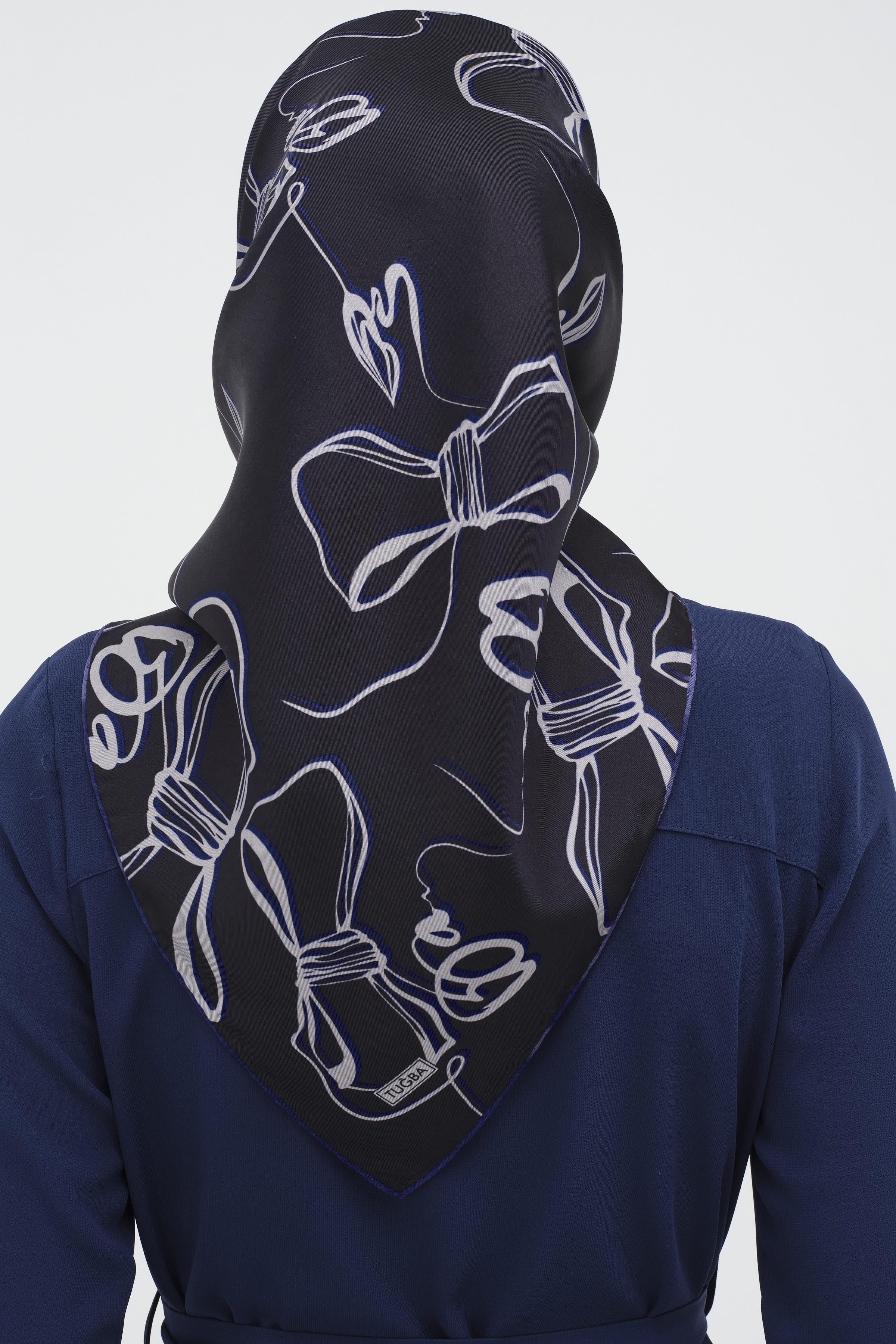 Fiyonk Desenli Twill İpek Eşarp - Lacivert TUGBA