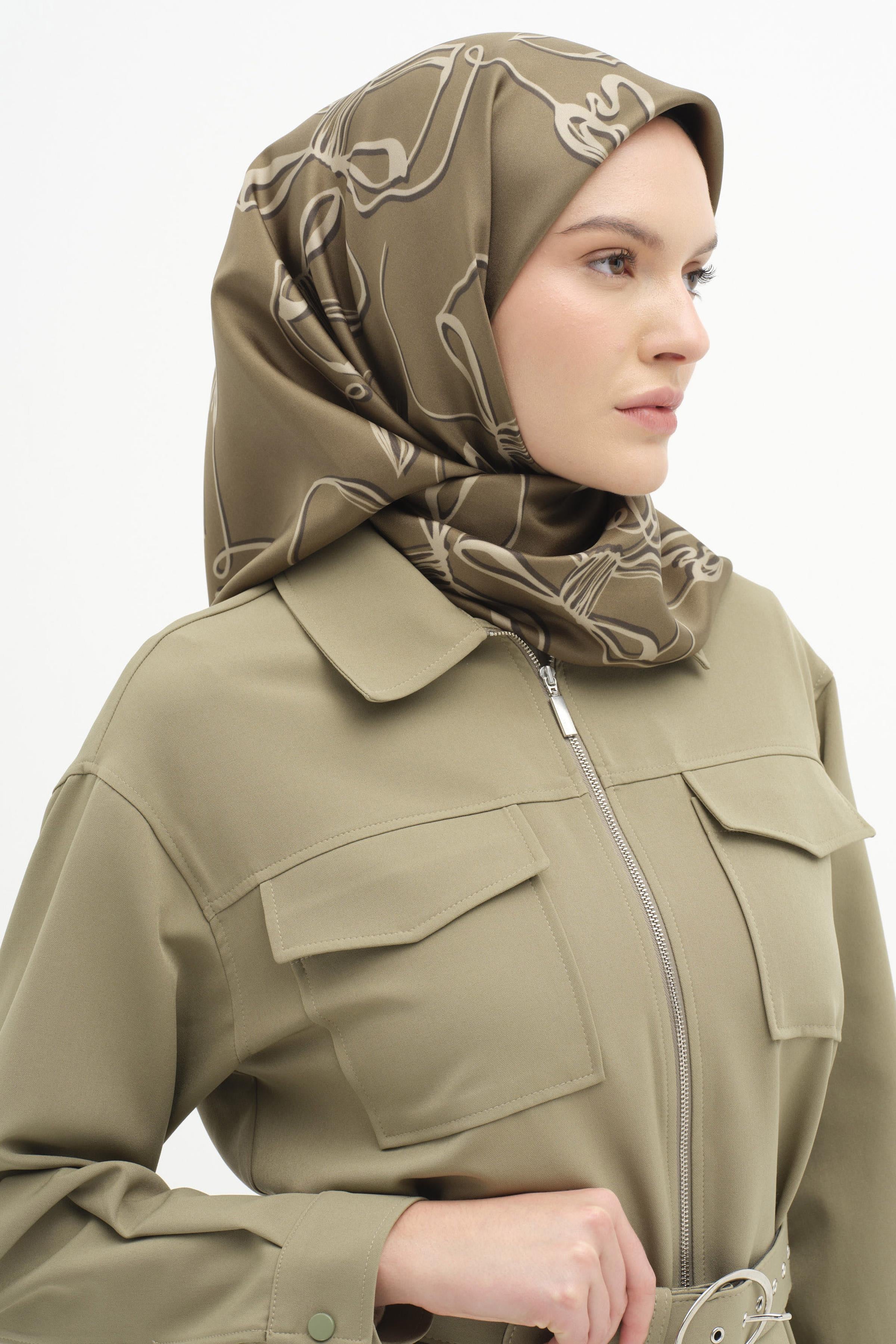 Fiyonk Desenli Twill İpek Eşarp - Vizon TUGBA