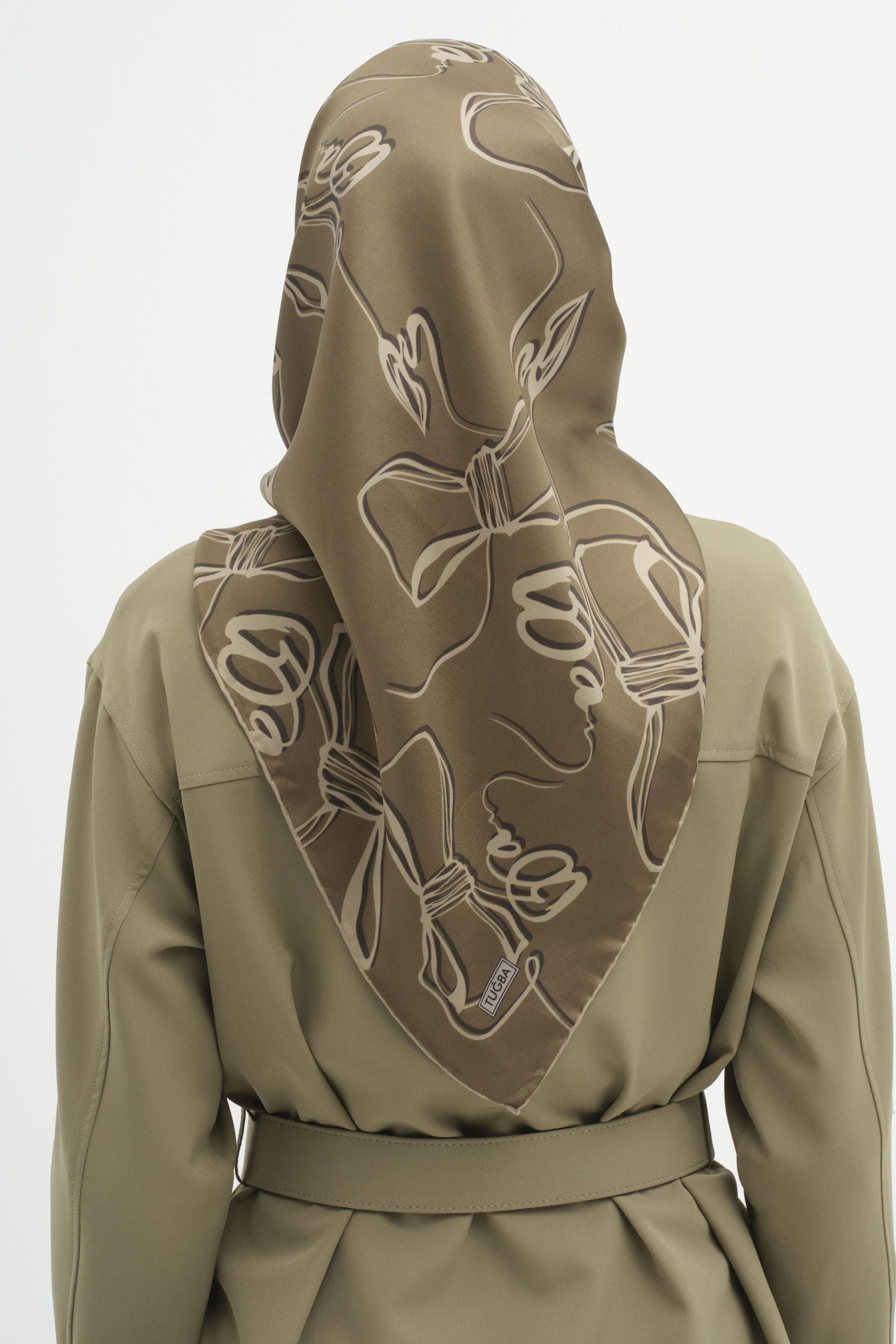 Fiyonk Desenli Twill İpek Eşarp - Vizon TUGBA