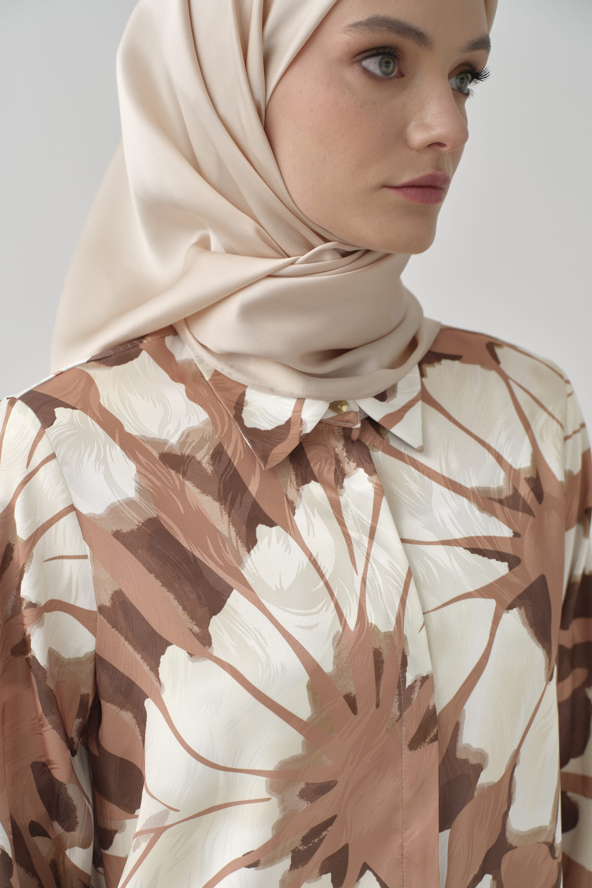 Floral Desen Jakar Gömlek - Kahve TUGBA