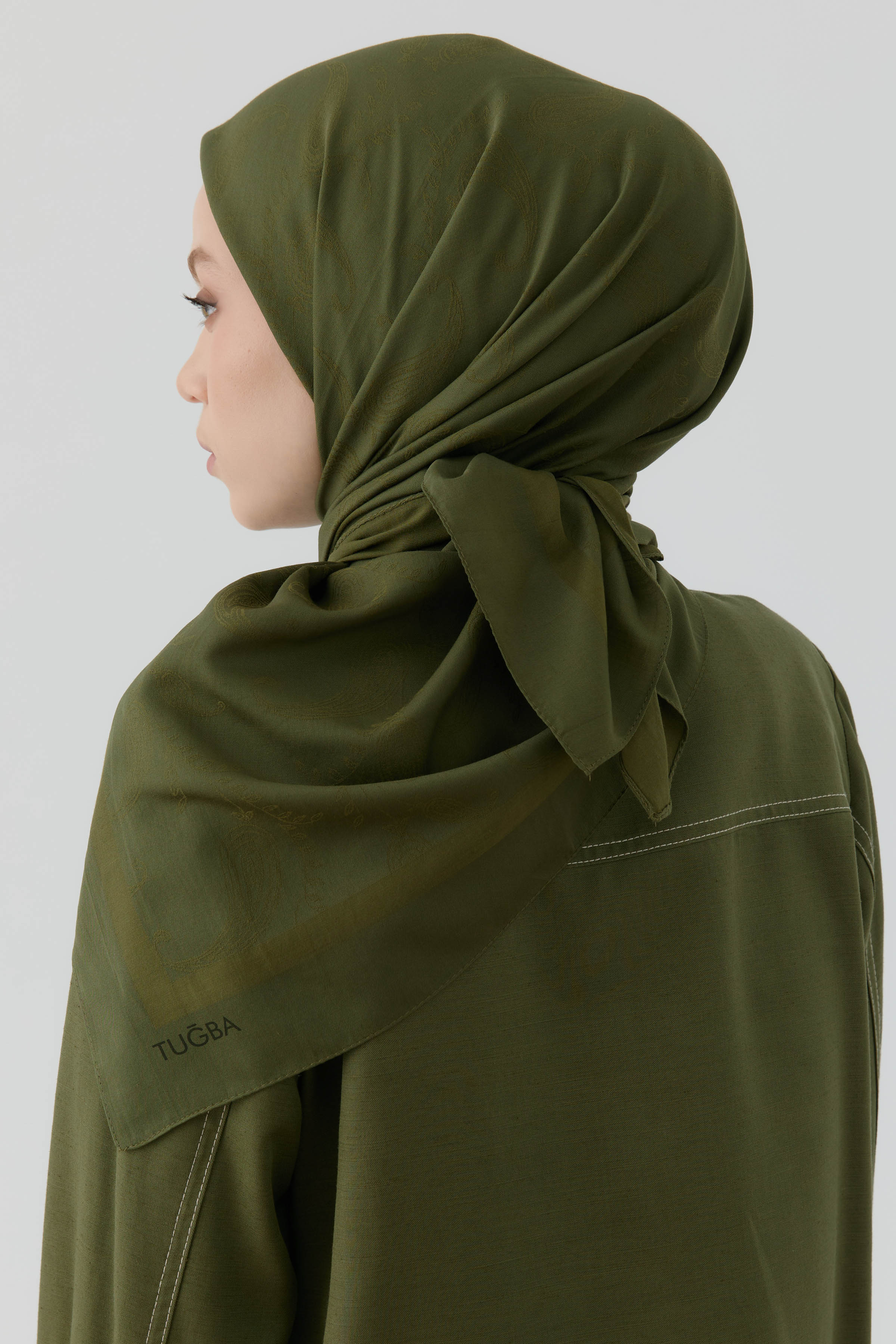 Floral Desen Kenar Detaylı Stil Eşarp - Haki TUGBA