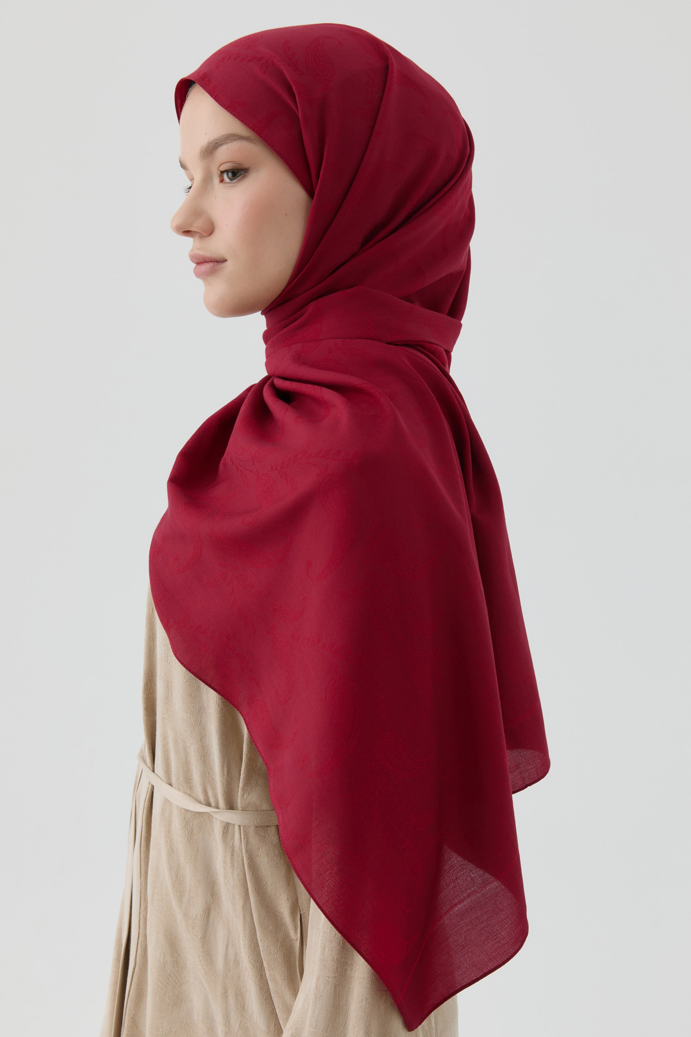 Floral Desen Pamuk Şal - Bordo TUGBA