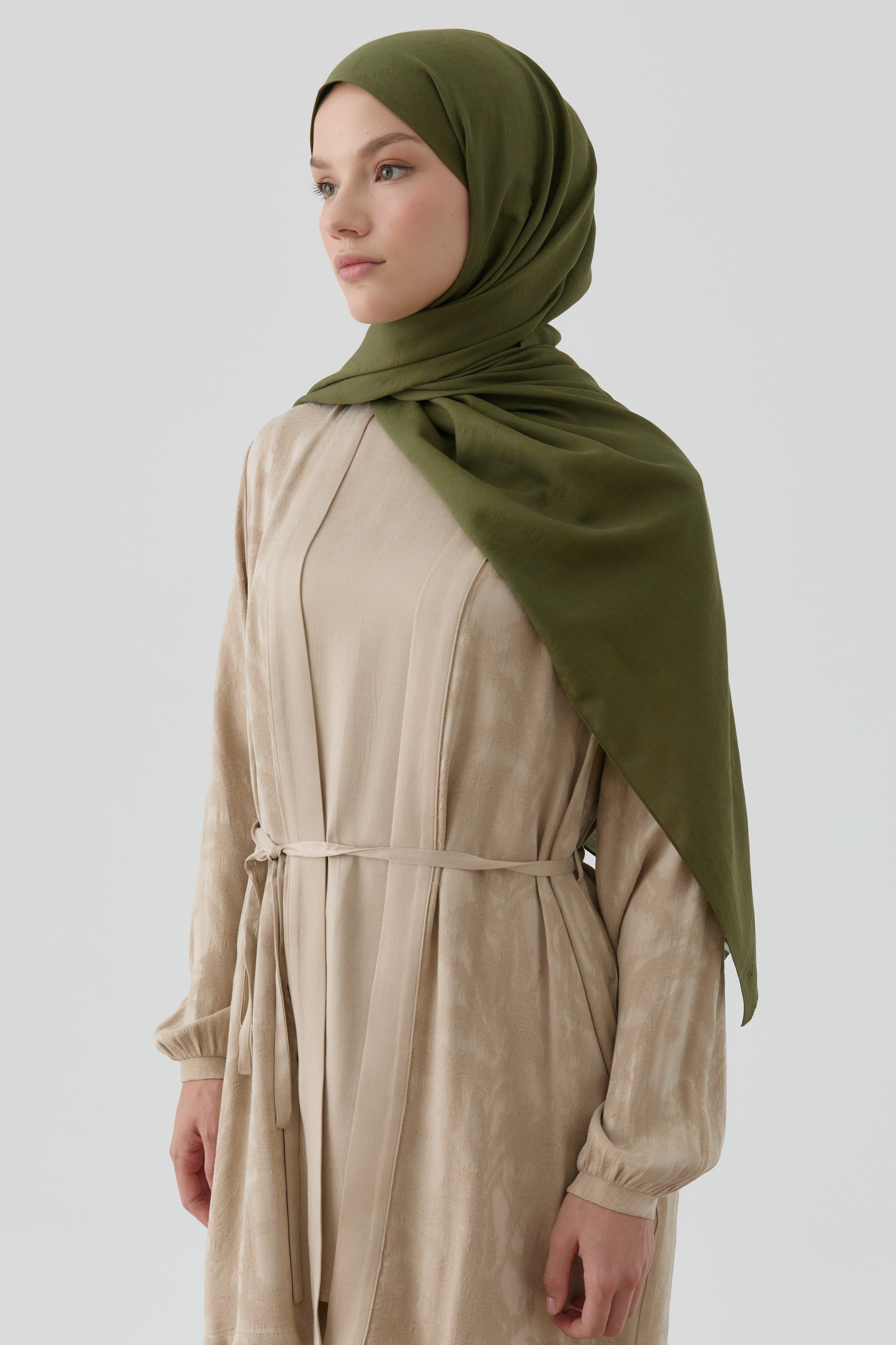 Floral Desen Pamuk Şal - Haki TUGBA