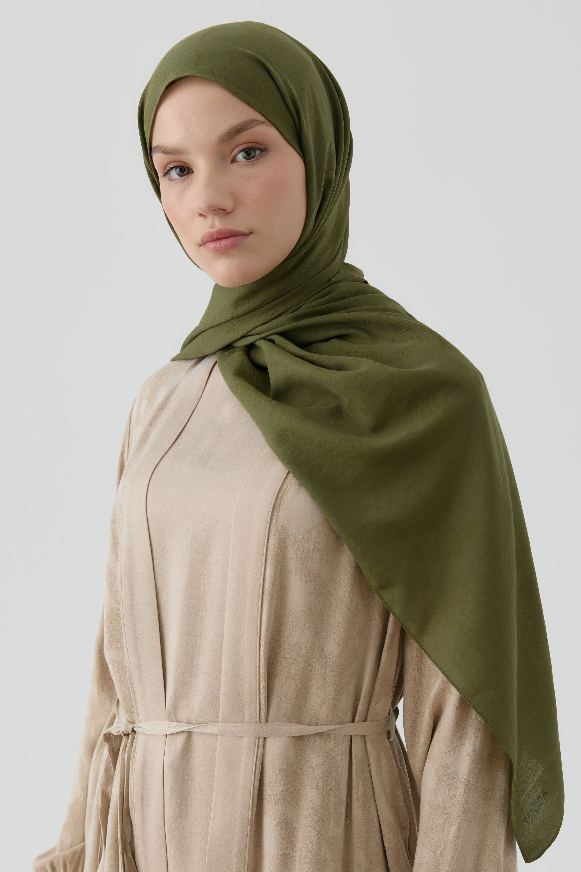 Floral Desen Pamuk Şal - Haki TUGBA