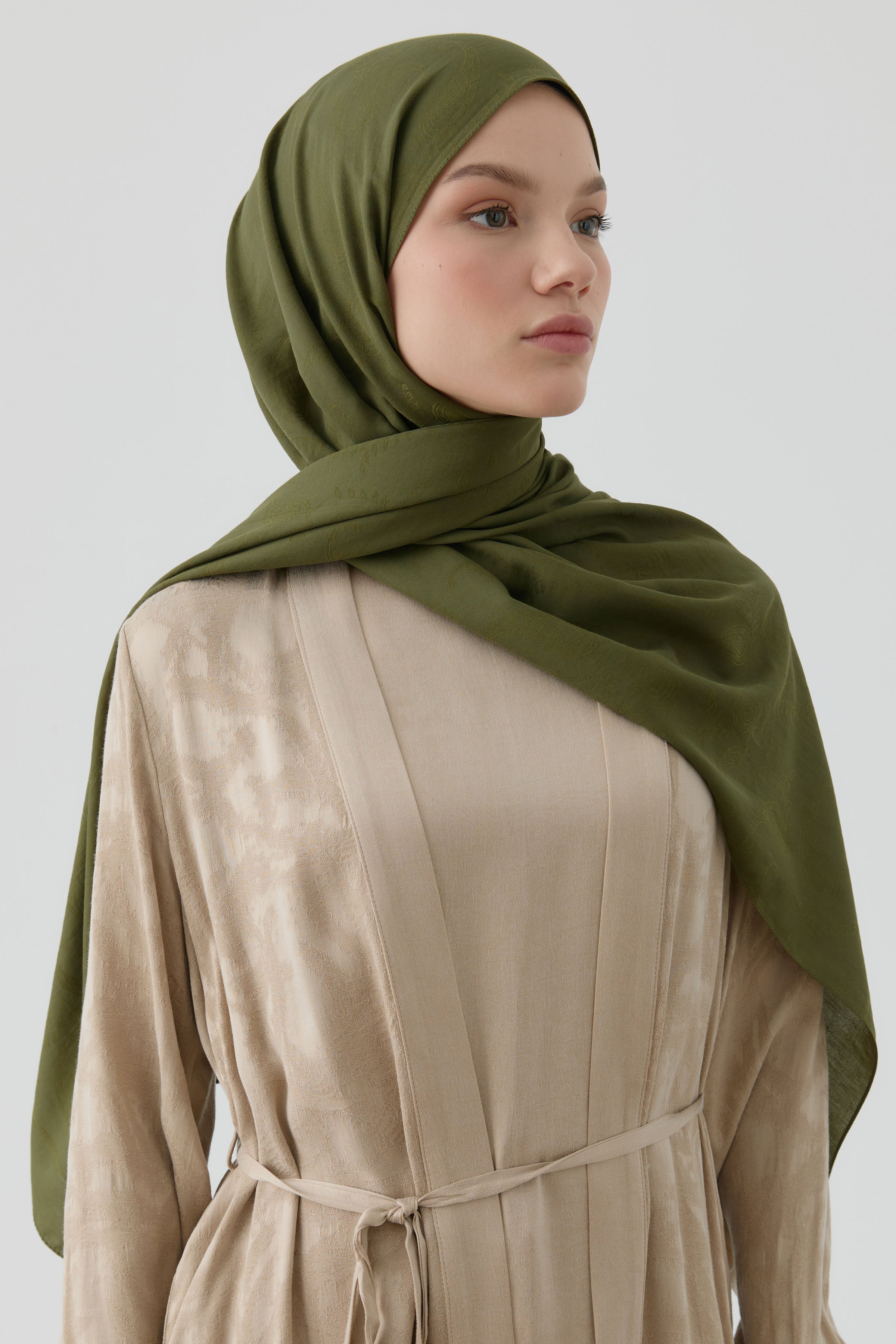 Floral Desen Pamuk Şal - Haki TUGBA