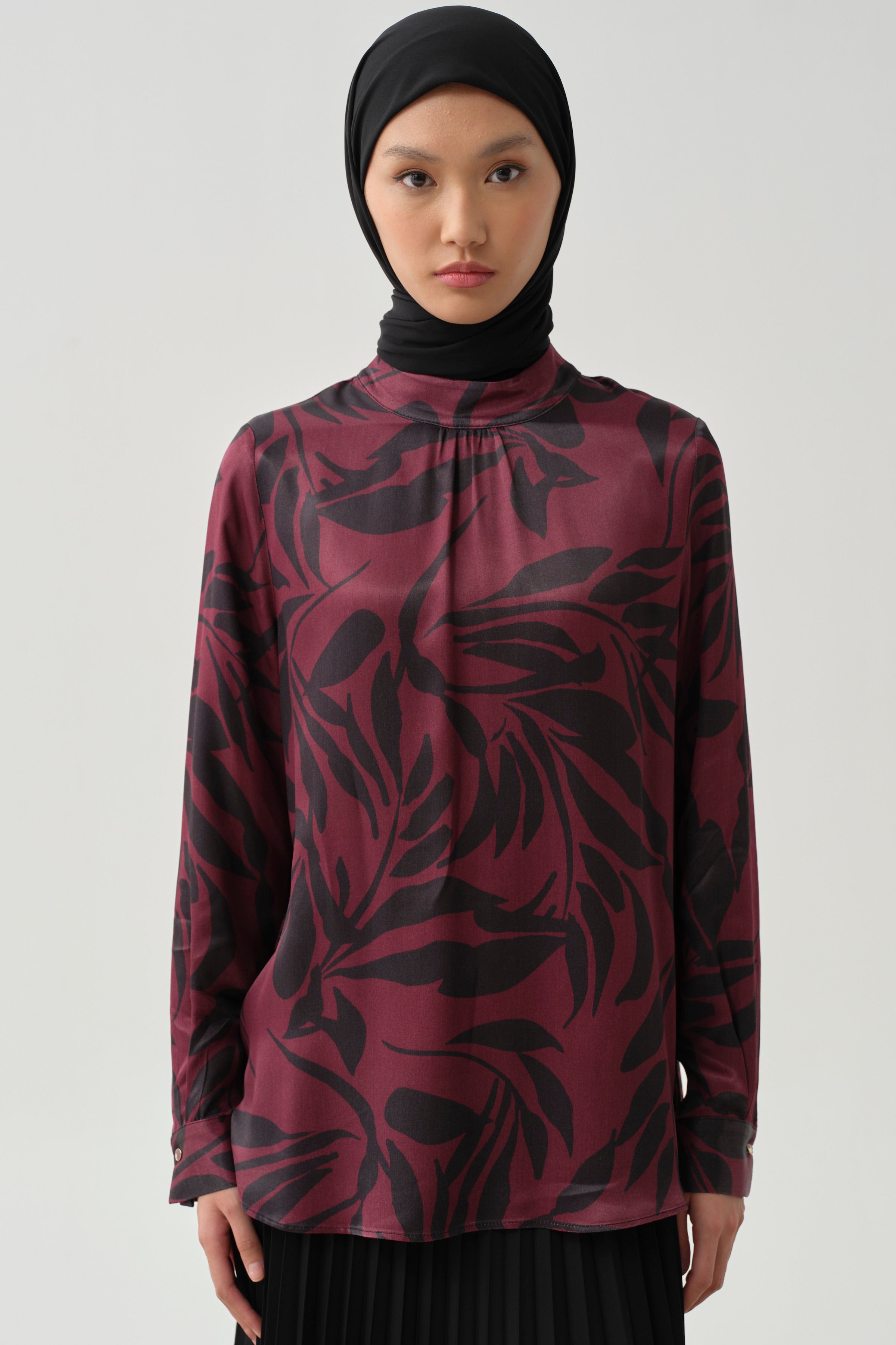 Floral Desen Viskon Bluz - Mürdüm TUGBA