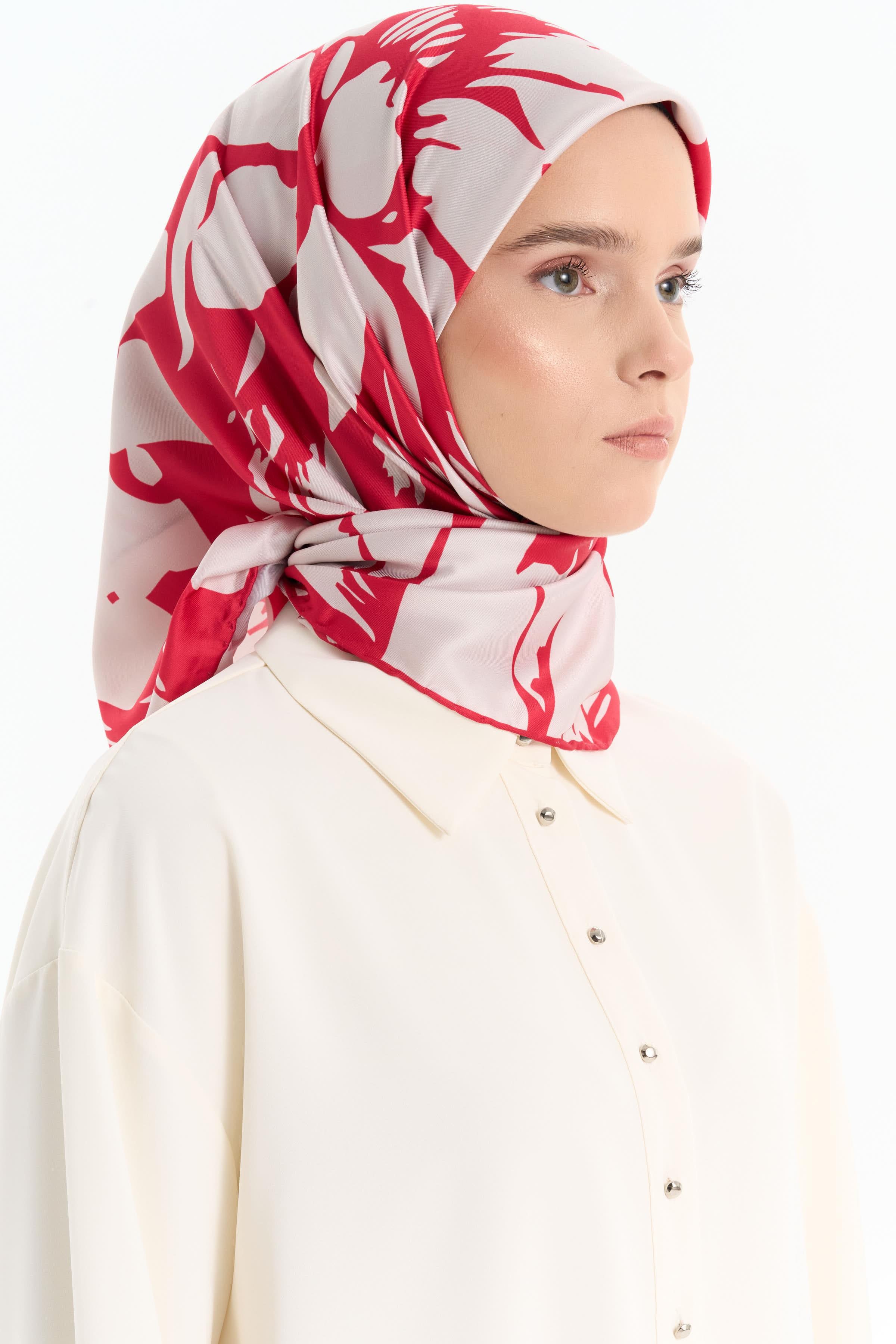 Floral Desen Stil Eşarp - Kırmızı TUGBA