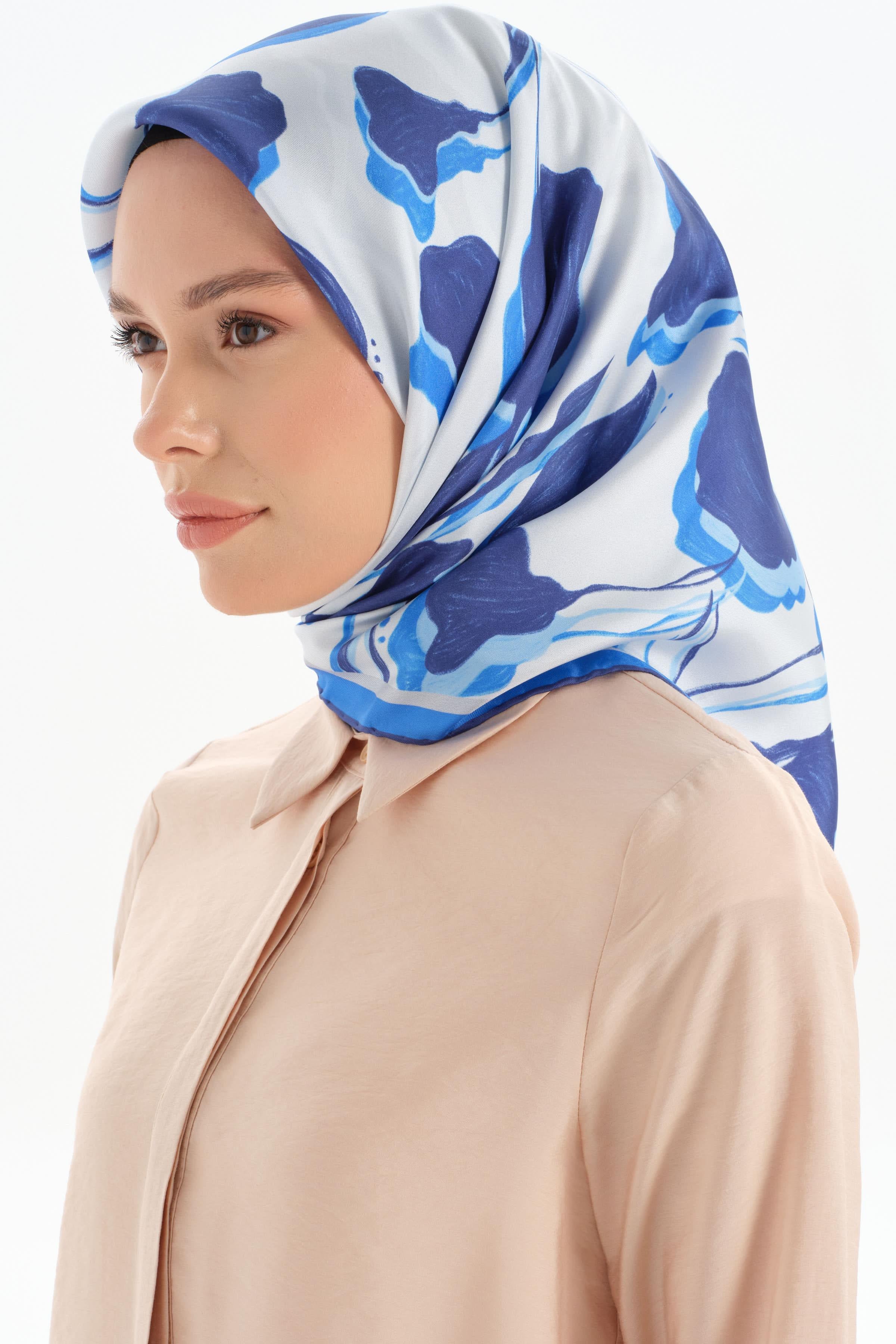 Floral Desenli İpek Eşarp - Lacivert TUGBA