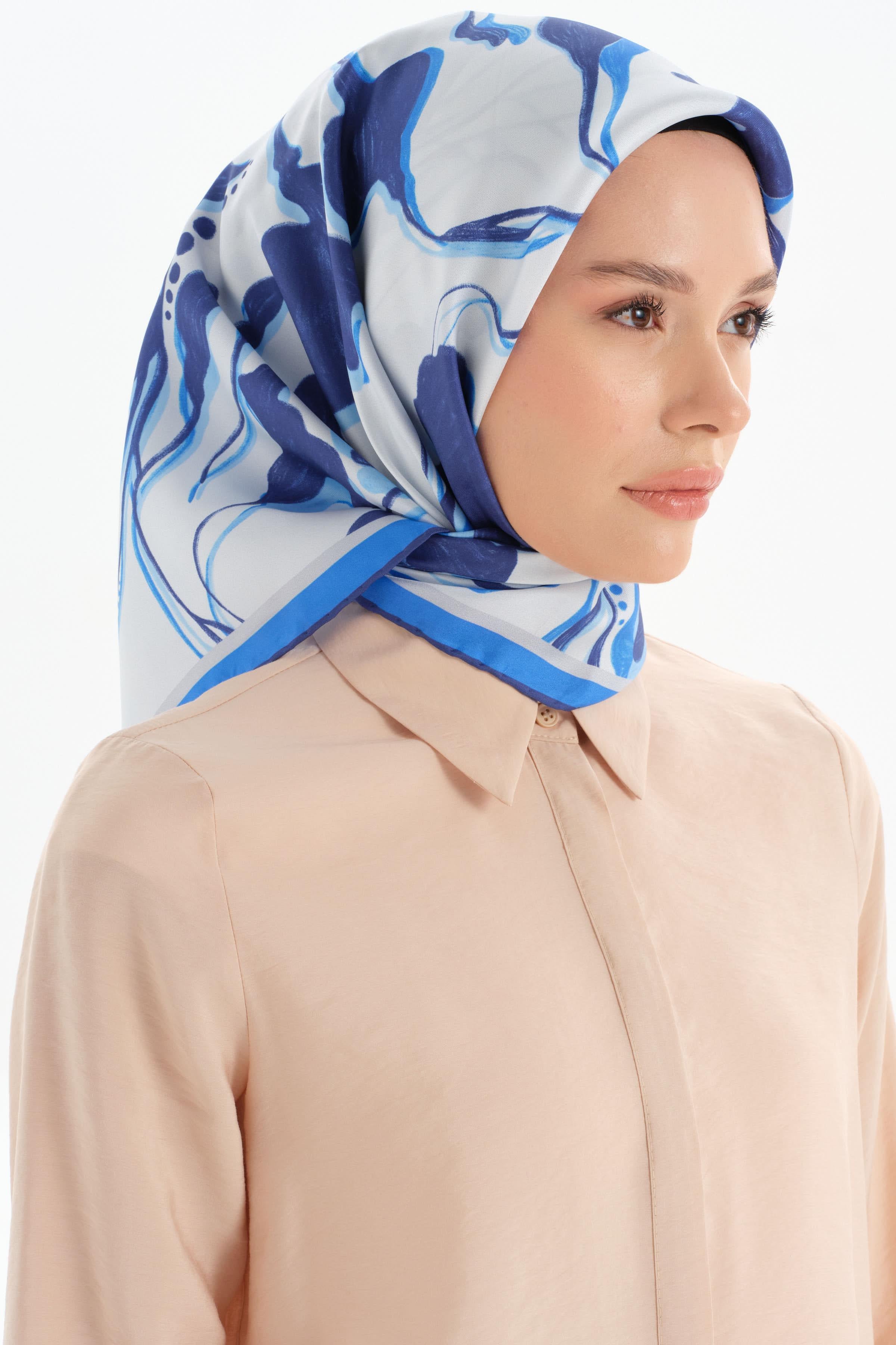 Floral Desenli İpek Eşarp - Lacivert TUGBA