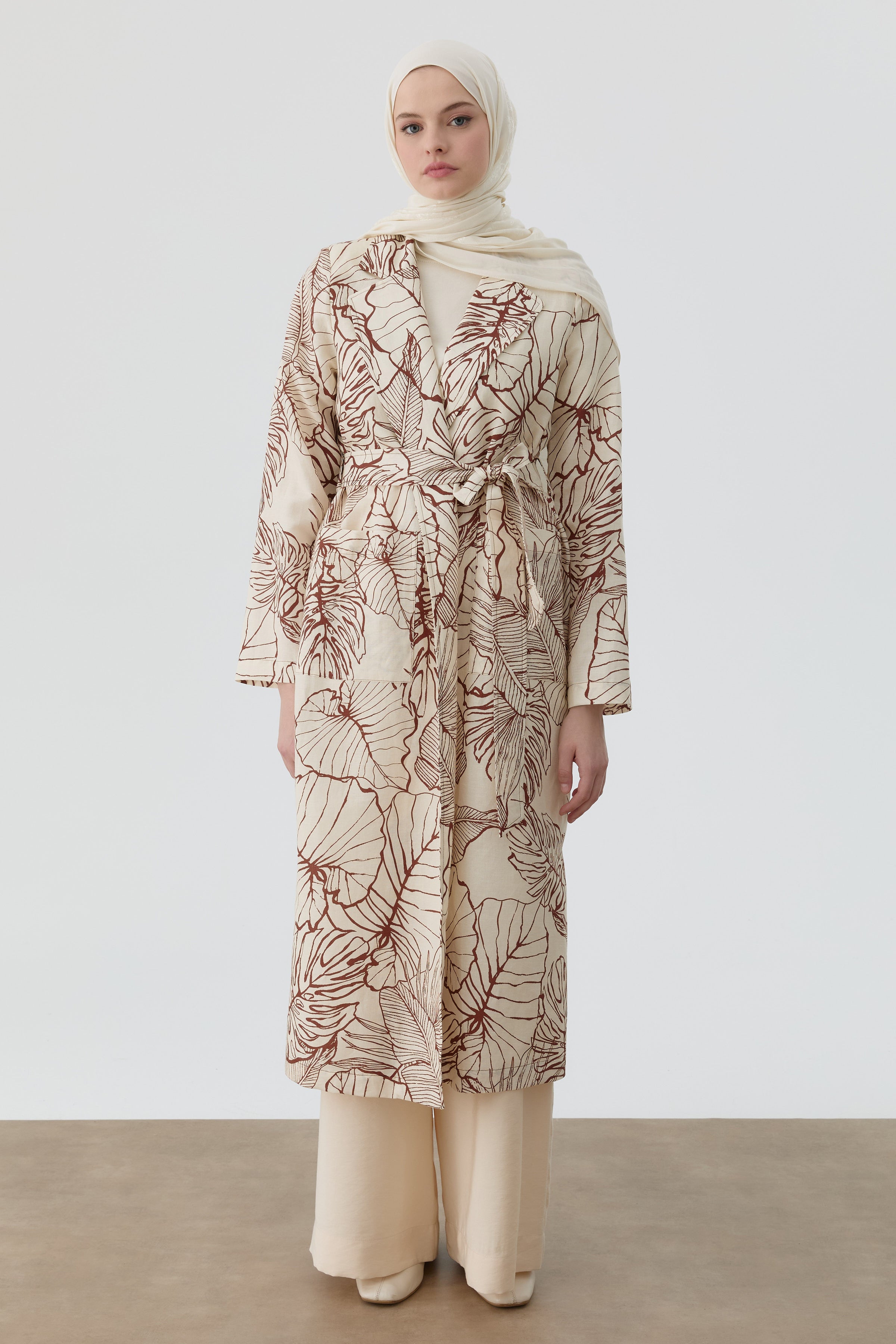Floral Desenli Keten Trençkot - Bej TUGBA