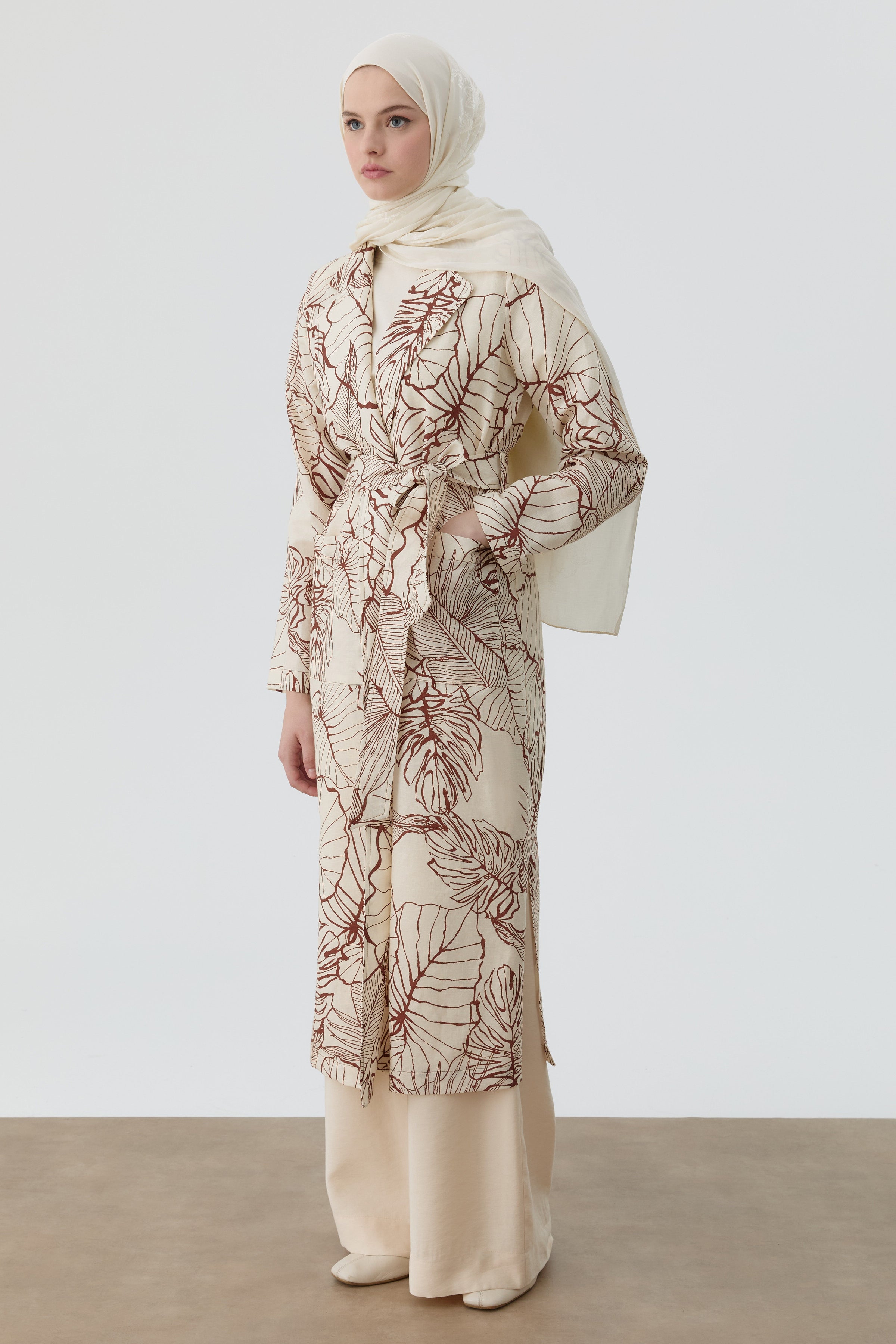 Floral Desenli Keten Trençkot - Bej TUGBA
