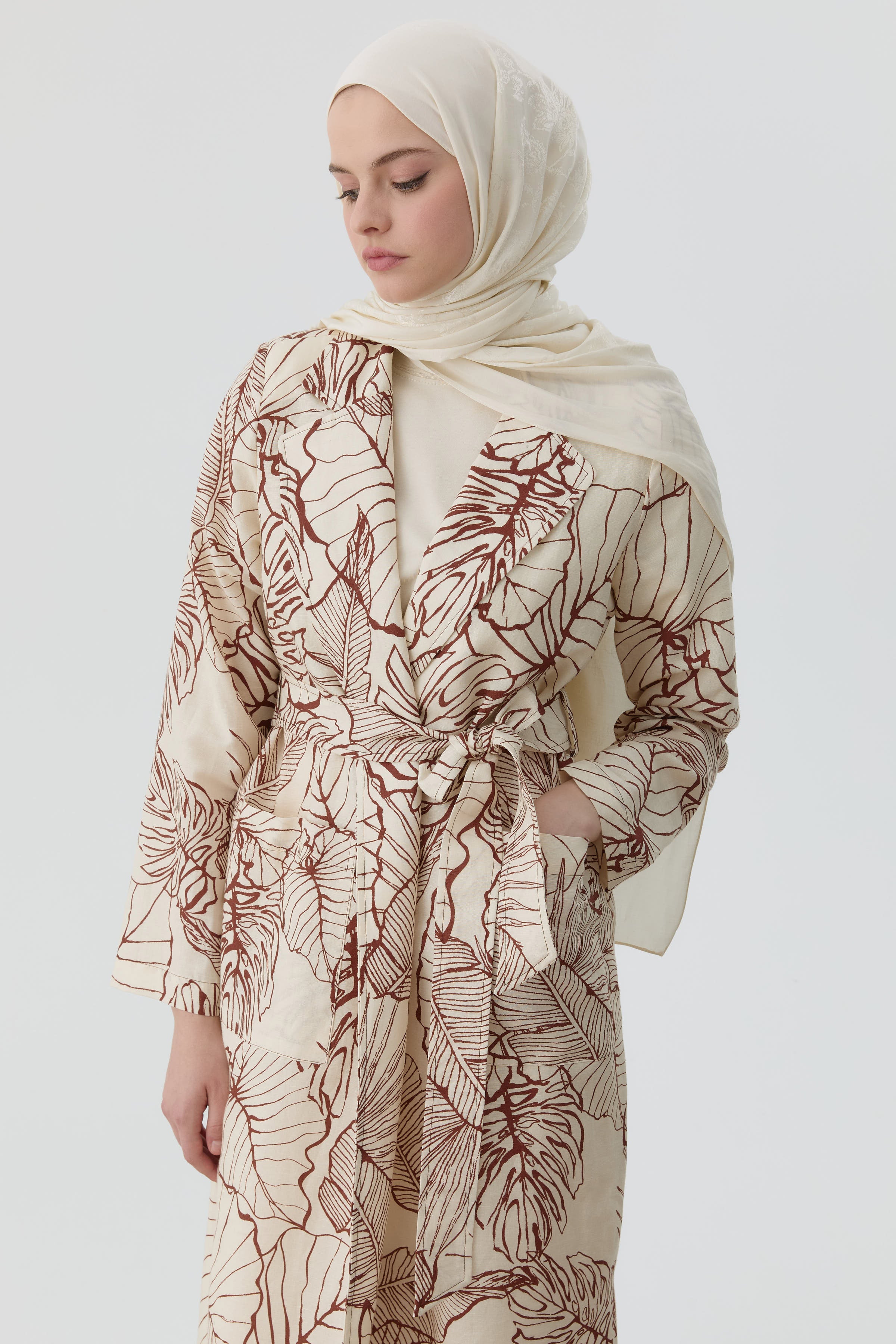 Floral Desenli Keten Trençkot - Bej TUGBA