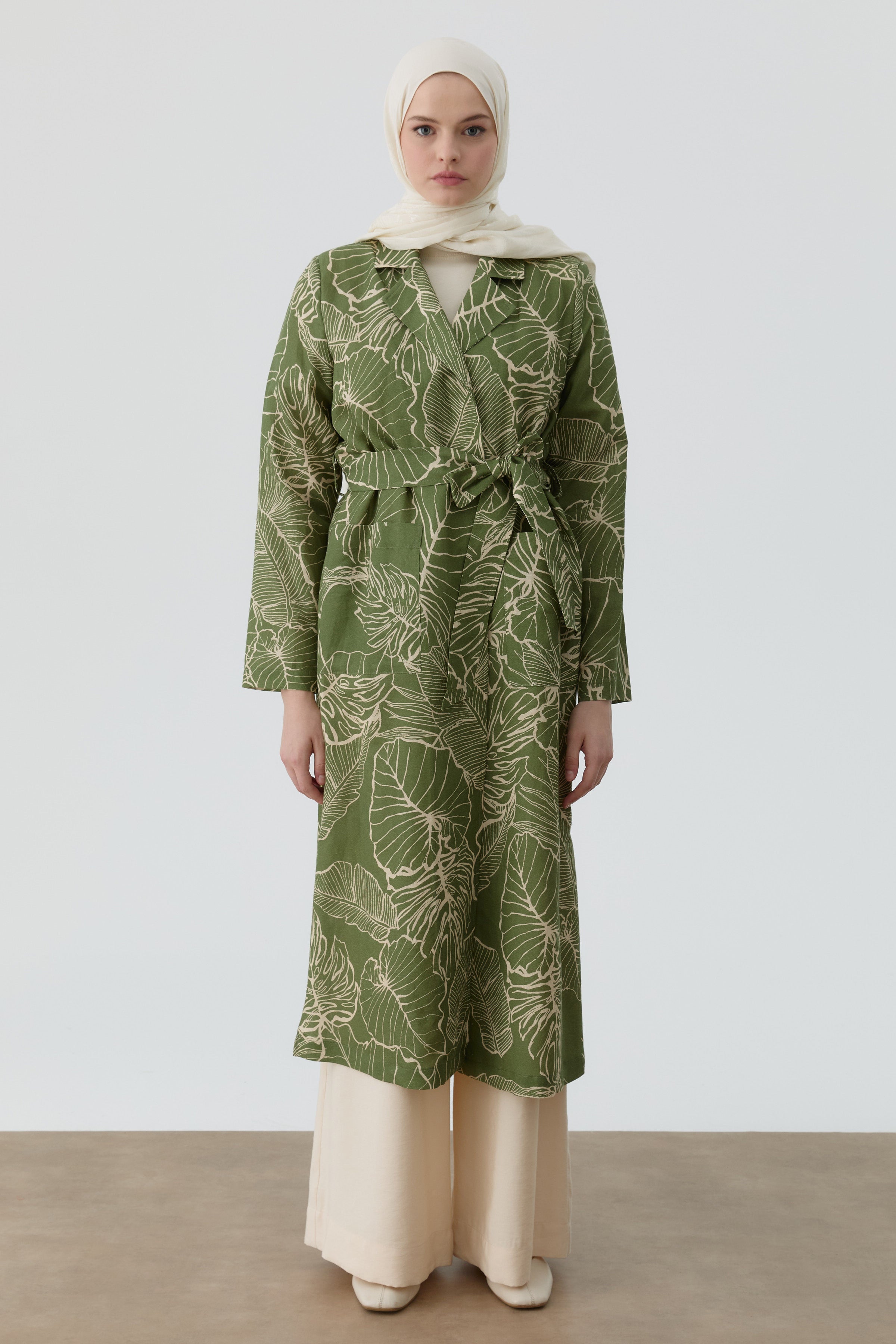 Floral Desenli Keten Trençkot - Yeşil TUGBA