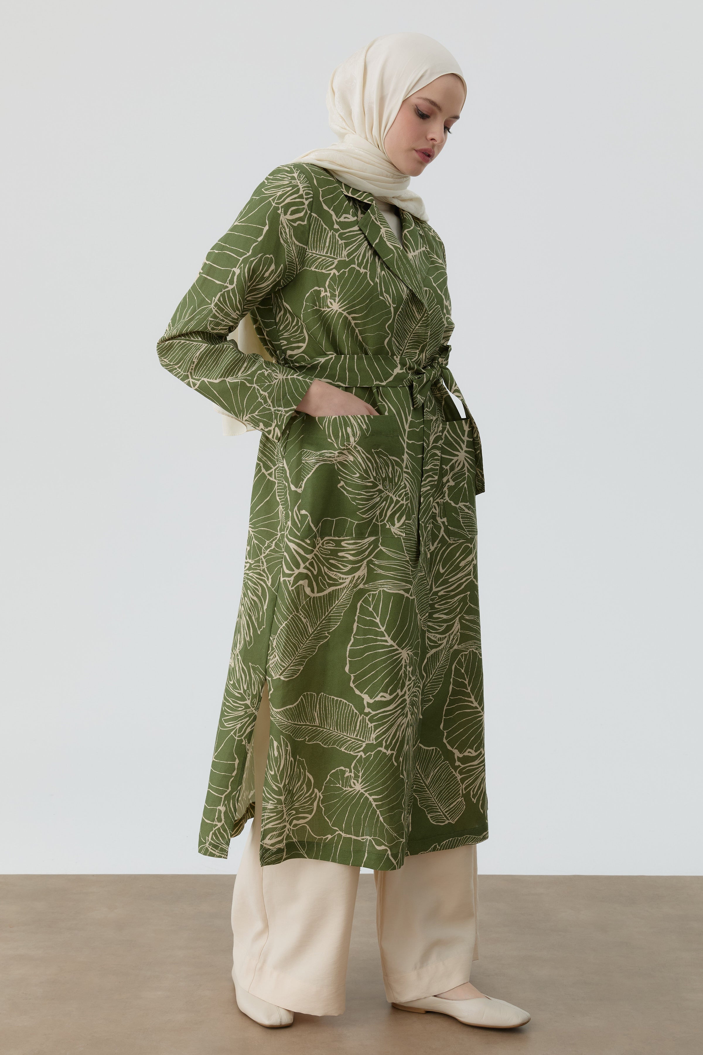 Floral Desenli Keten Trençkot - Yeşil TUGBA