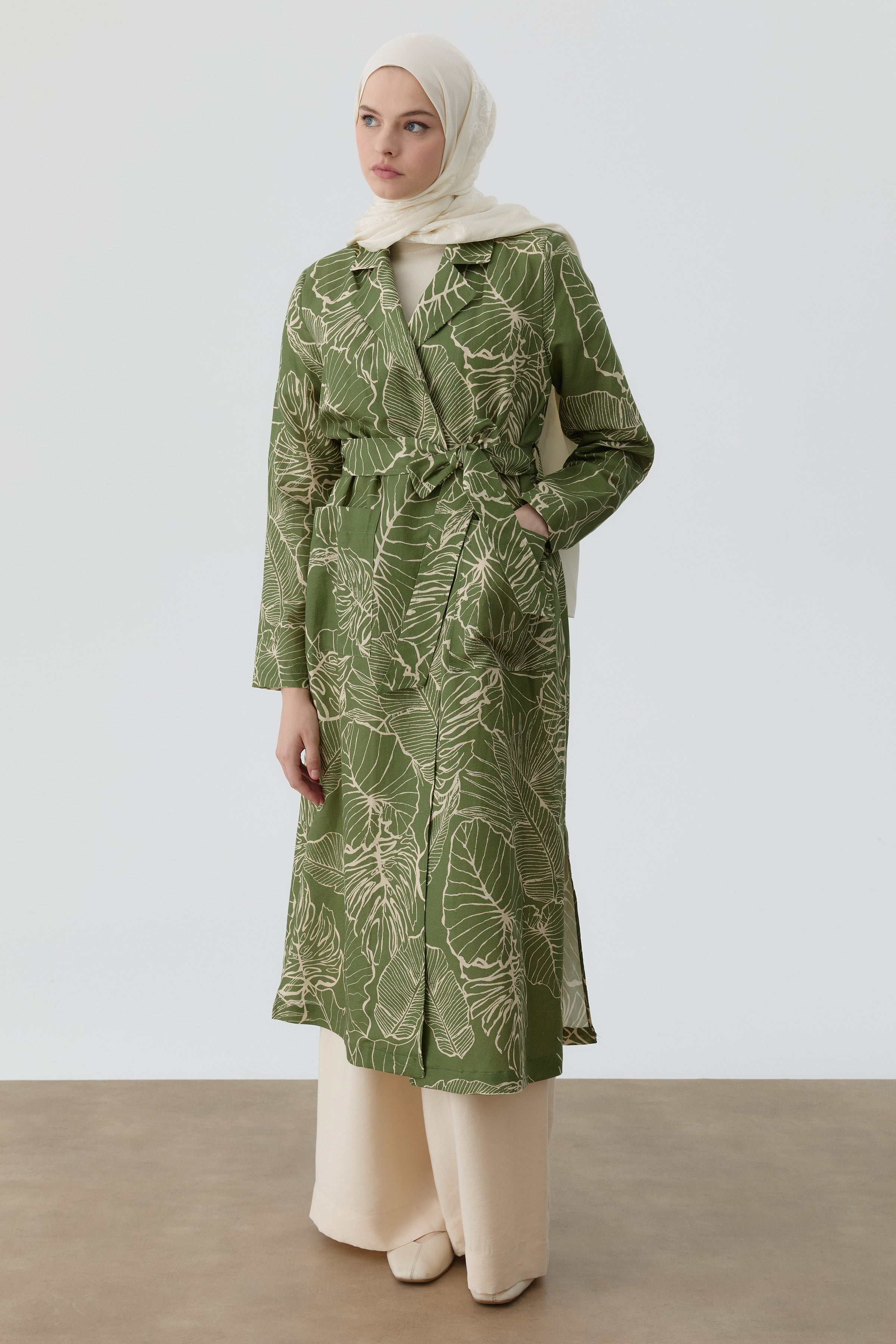 Floral Desenli Keten Trençkot - Yeşil TUGBA