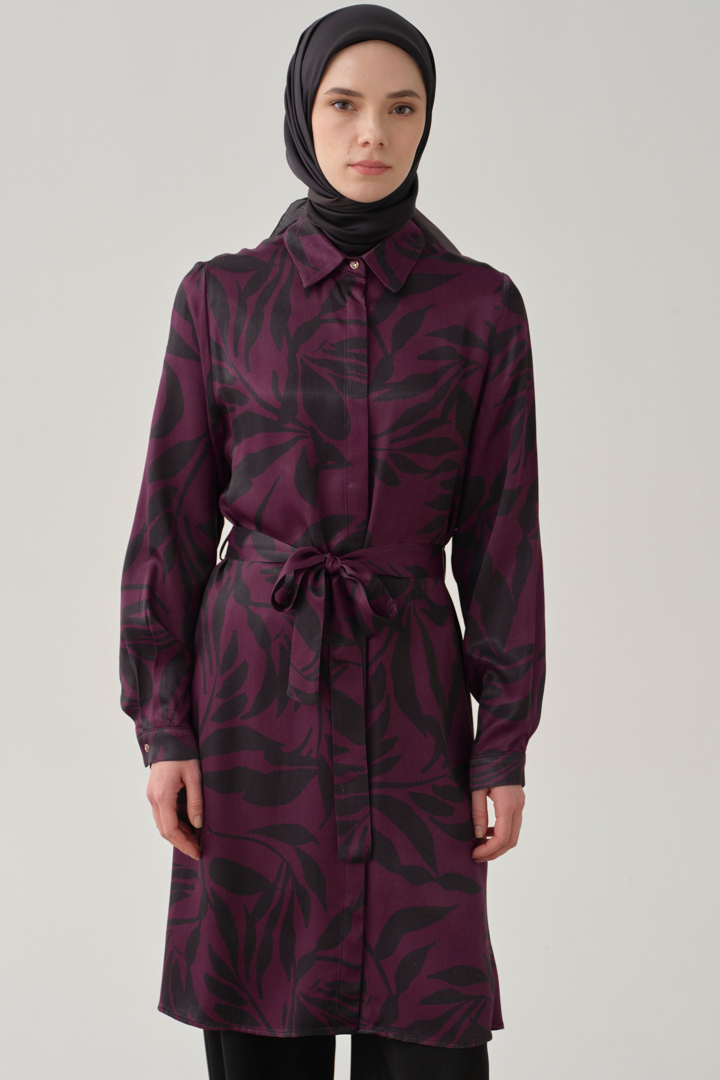 Floral Desenli Viskon Tunik - Mürdüm TUGBA