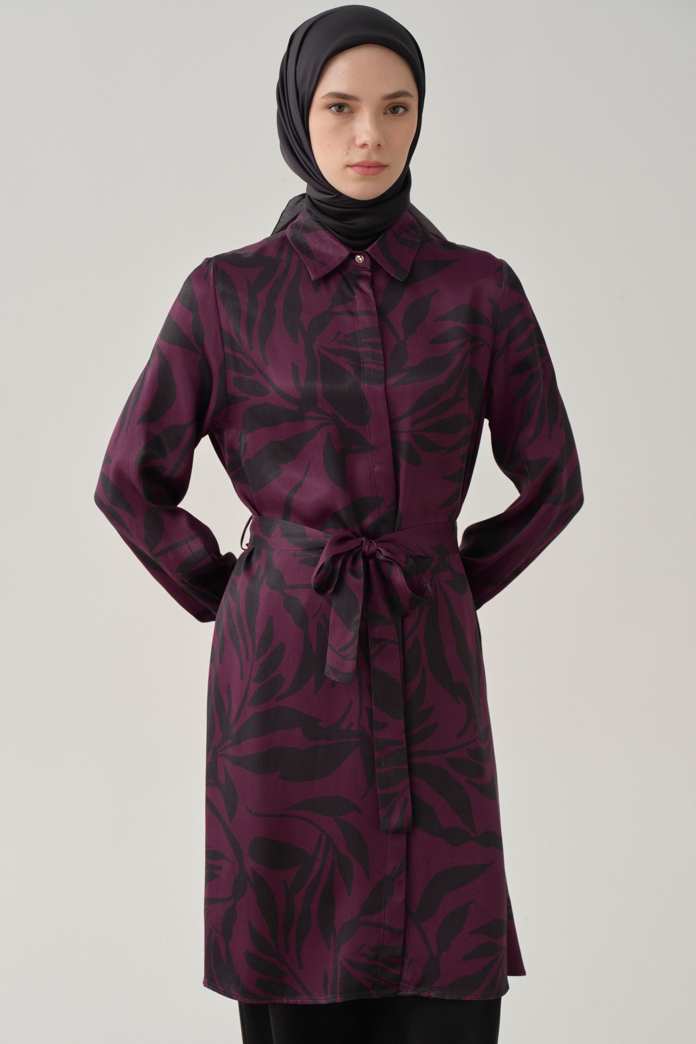 Floral Desenli Viskon Tunik - Mürdüm TUGBA