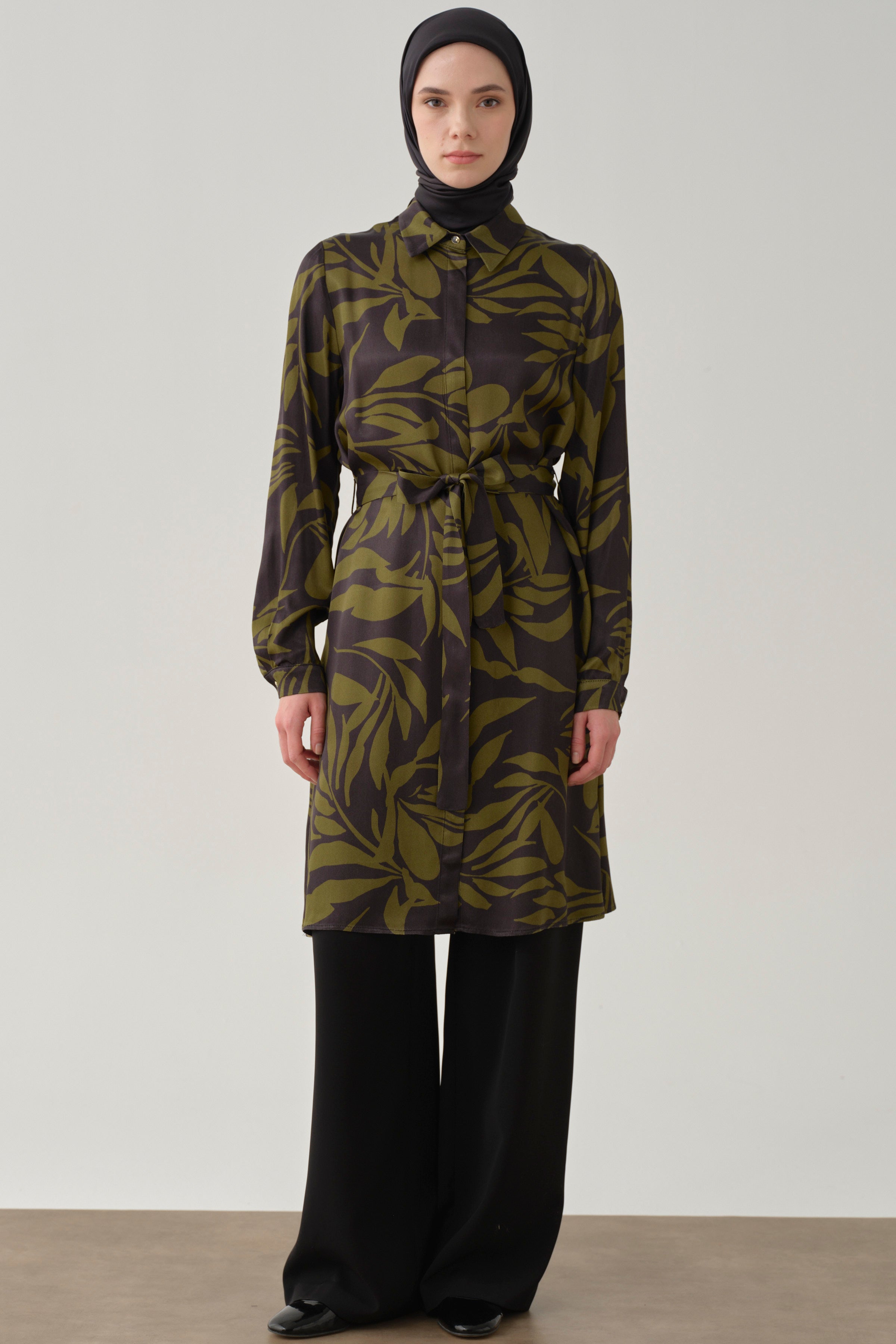 Floral Desenli Viskon Tunik - Olive TUGBA