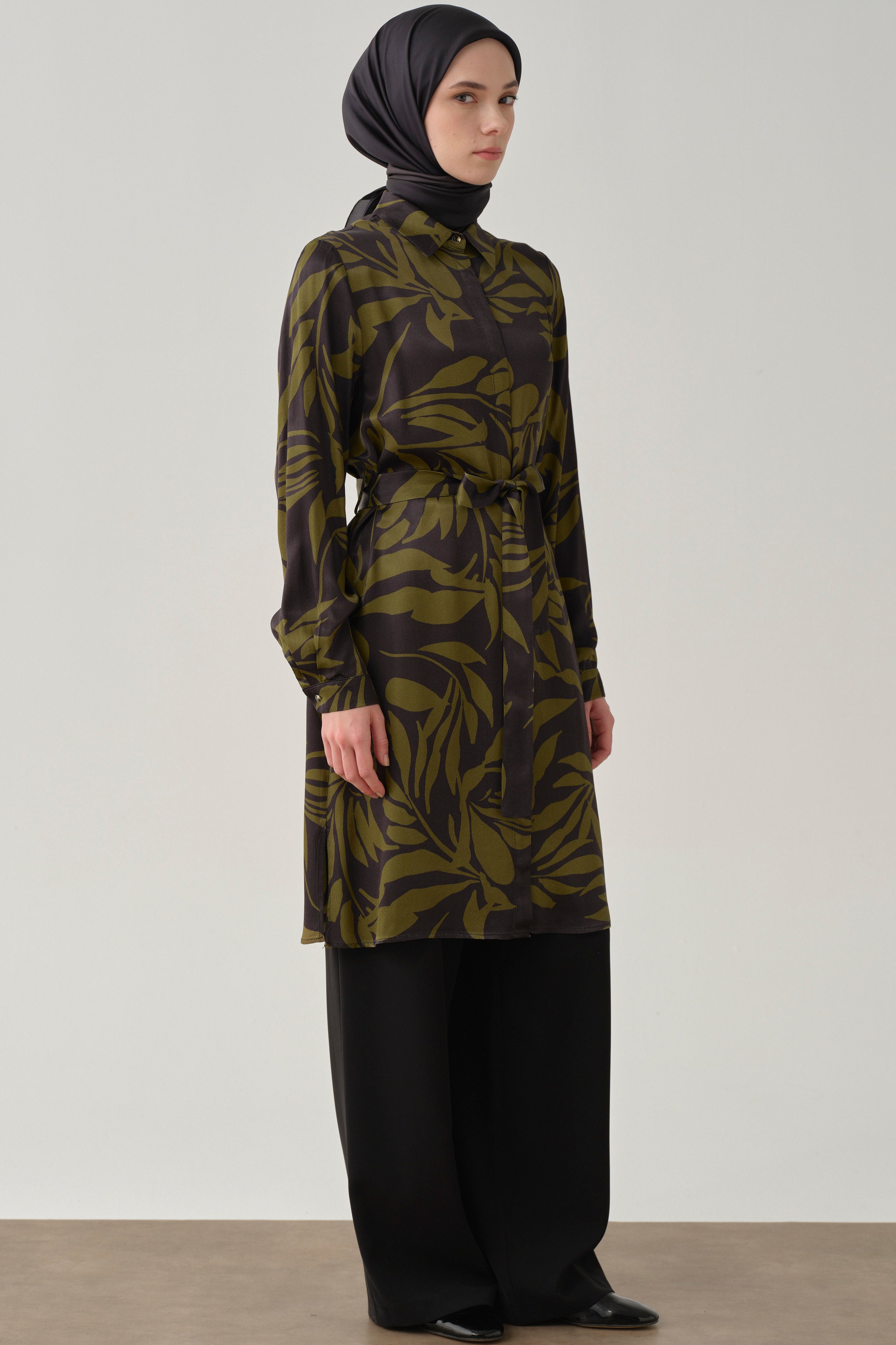 Floral Desenli Viskon Tunik - Olive TUGBA