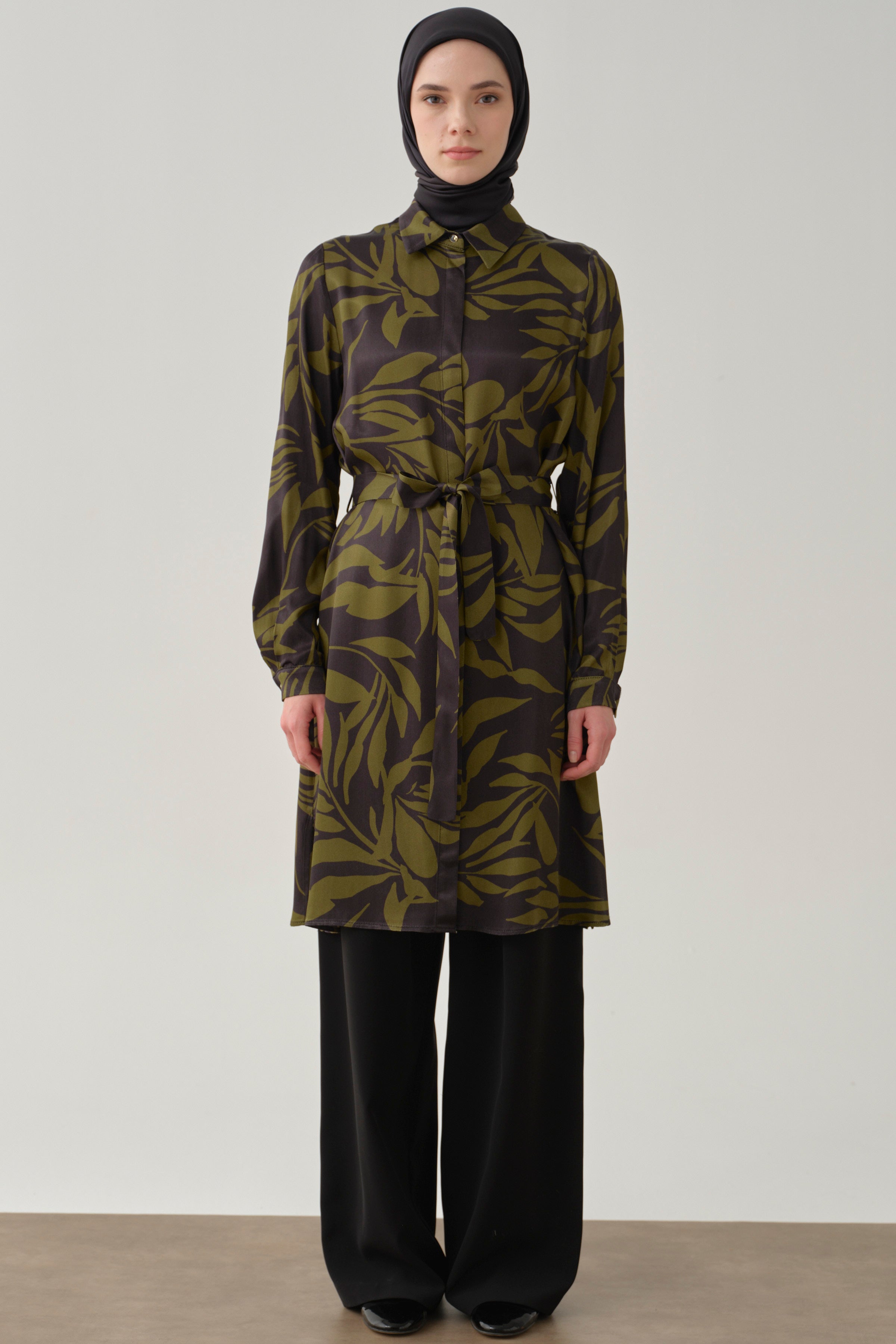 Floral Desenli Viskon Tunik - Olive TUGBA