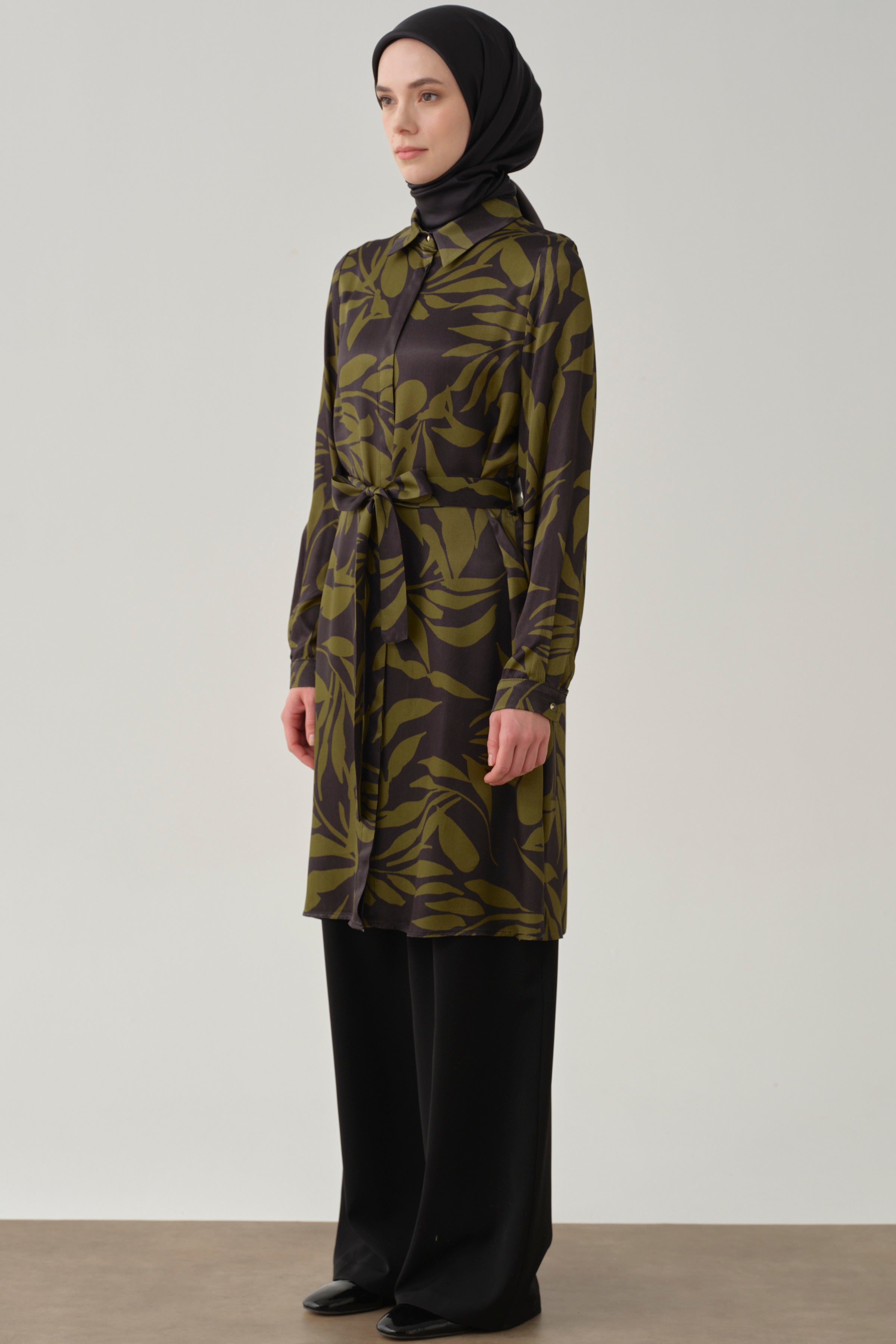 Floral Desenli Viskon Tunik - Olive TUGBA