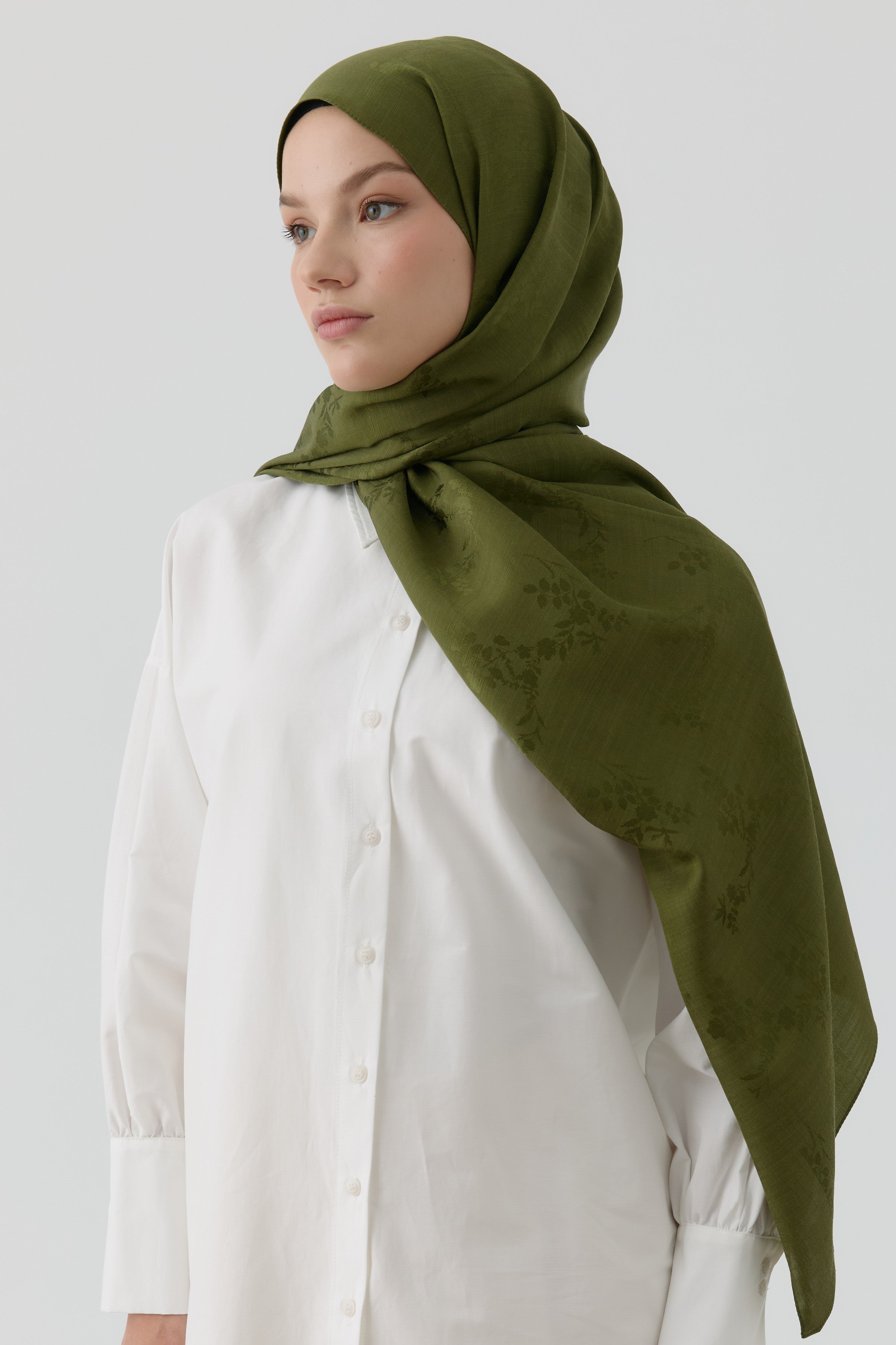 Floral Jakar Naturel Şal - Haki TUGBA