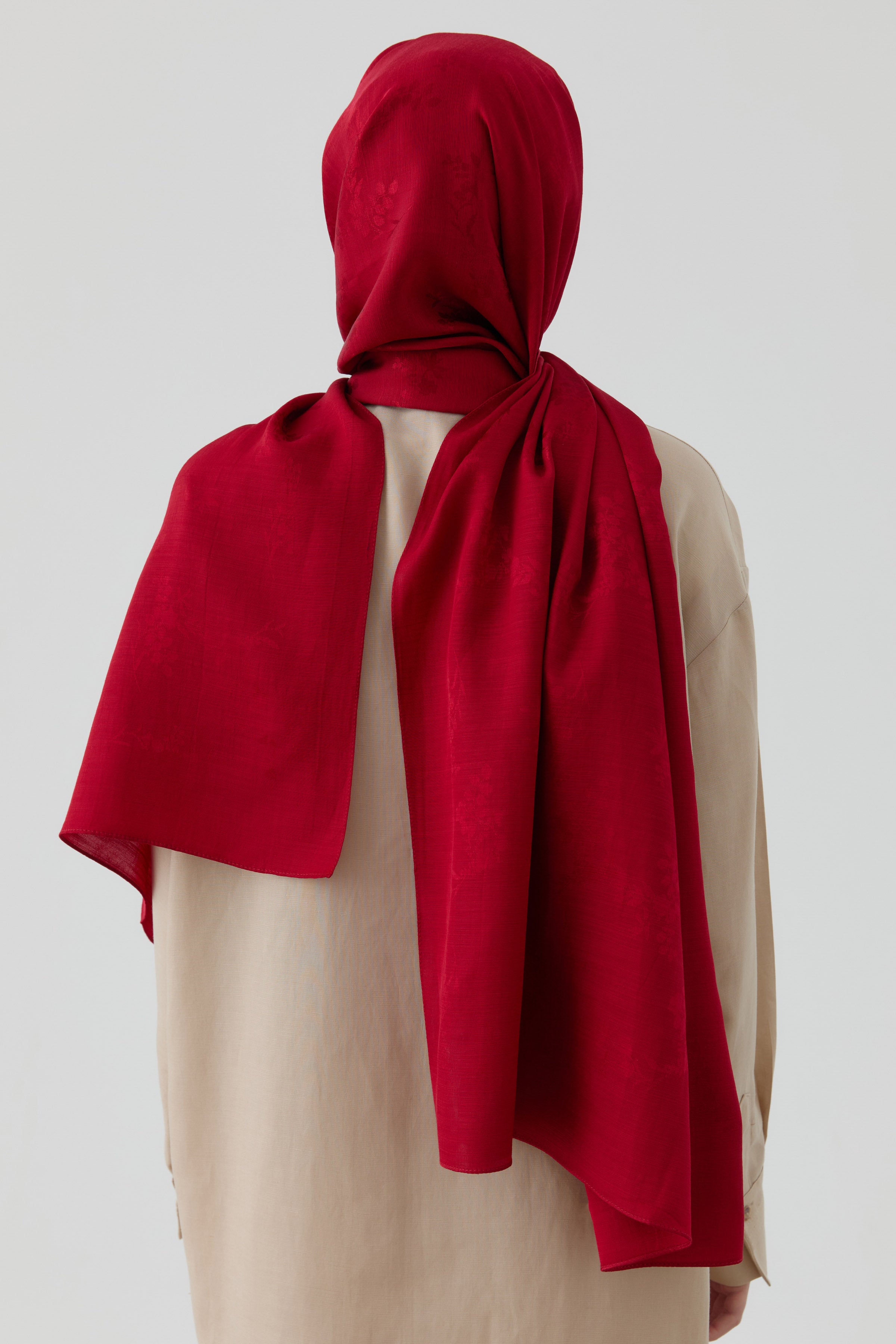 Floral Jakar Naturel Şal - Kırmızı TUGBA