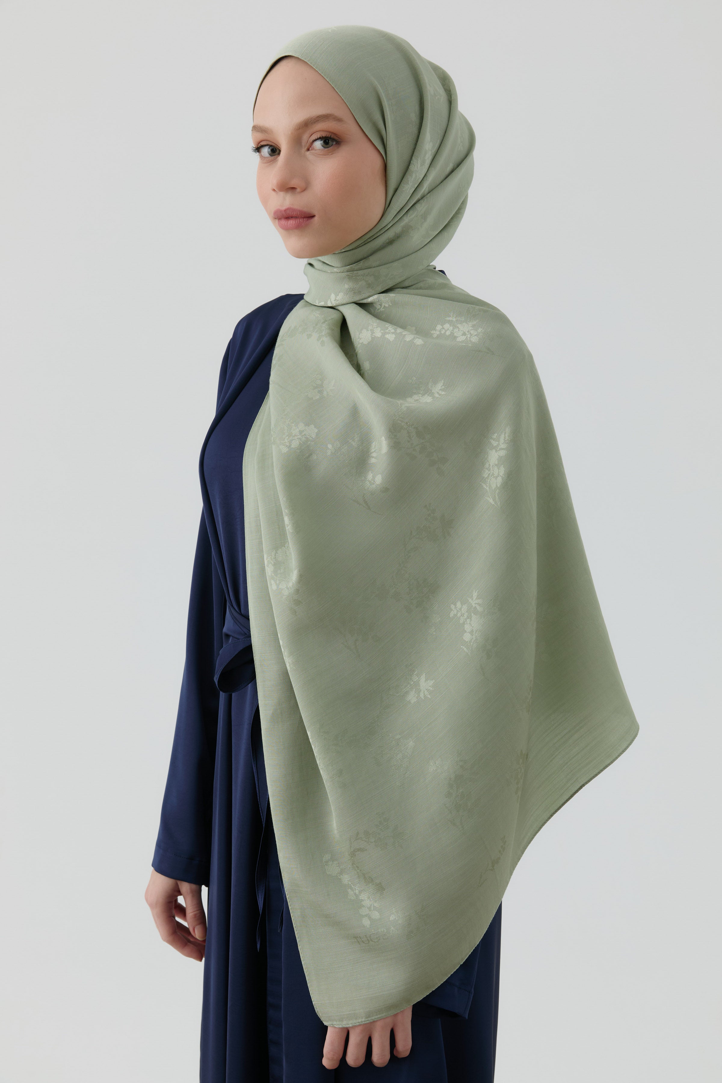 Floral Jakar Naturel Şal - Mint TUGBA