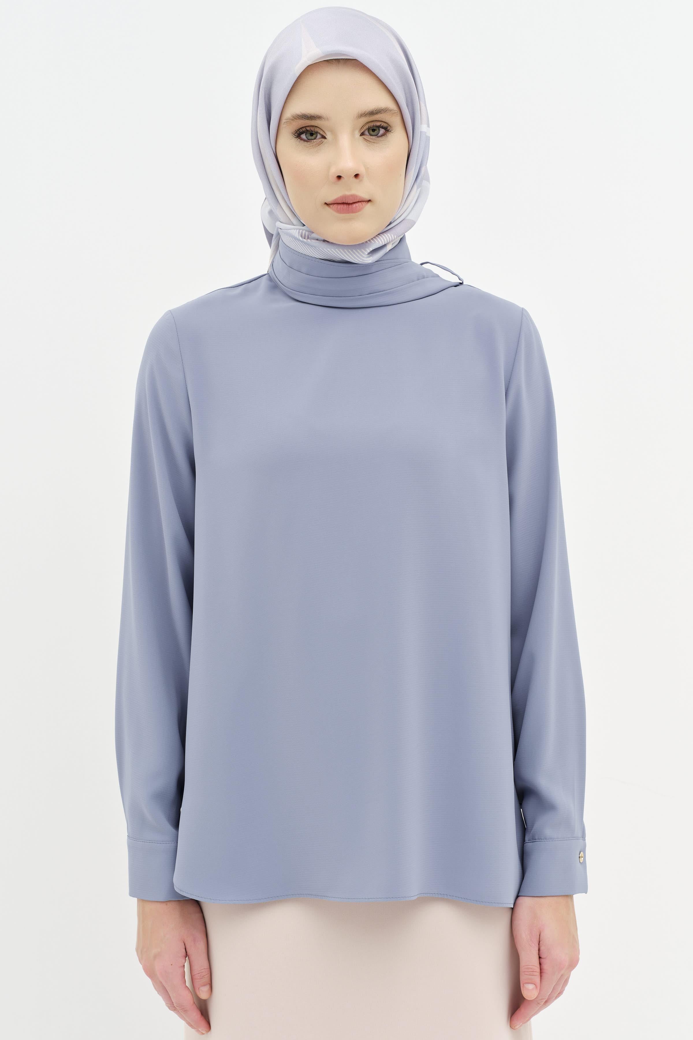 Fular Yaka Detaylı Bluz - Mavi TUGBA