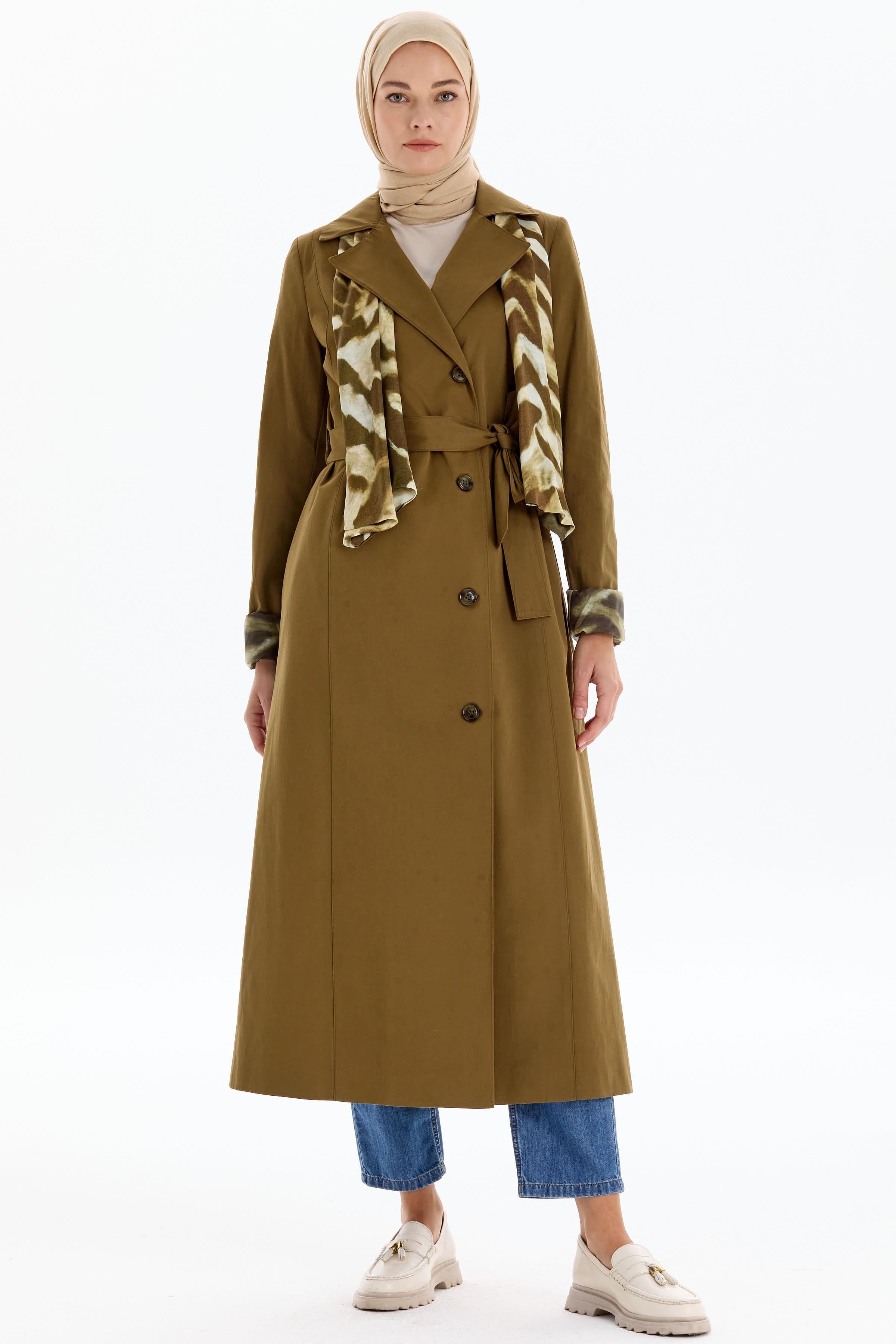 Garni Fular Detaylı Trençkot - Haki TUGBA