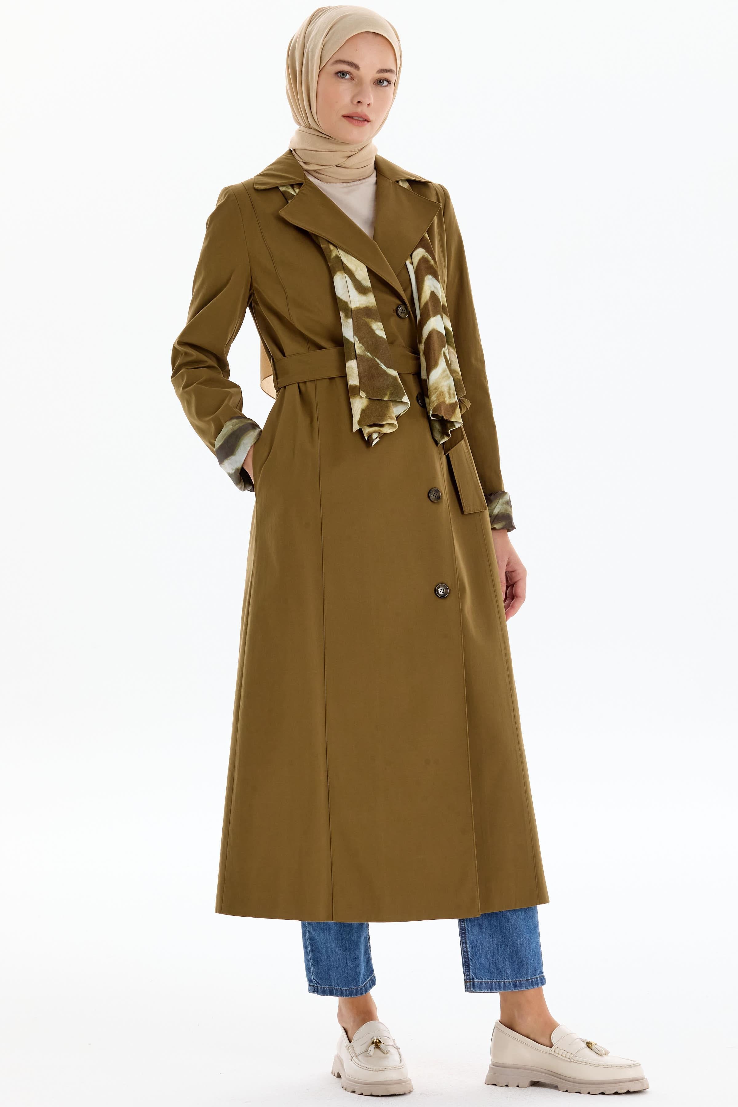 Garni Fular Detaylı Trençkot - Haki TUGBA