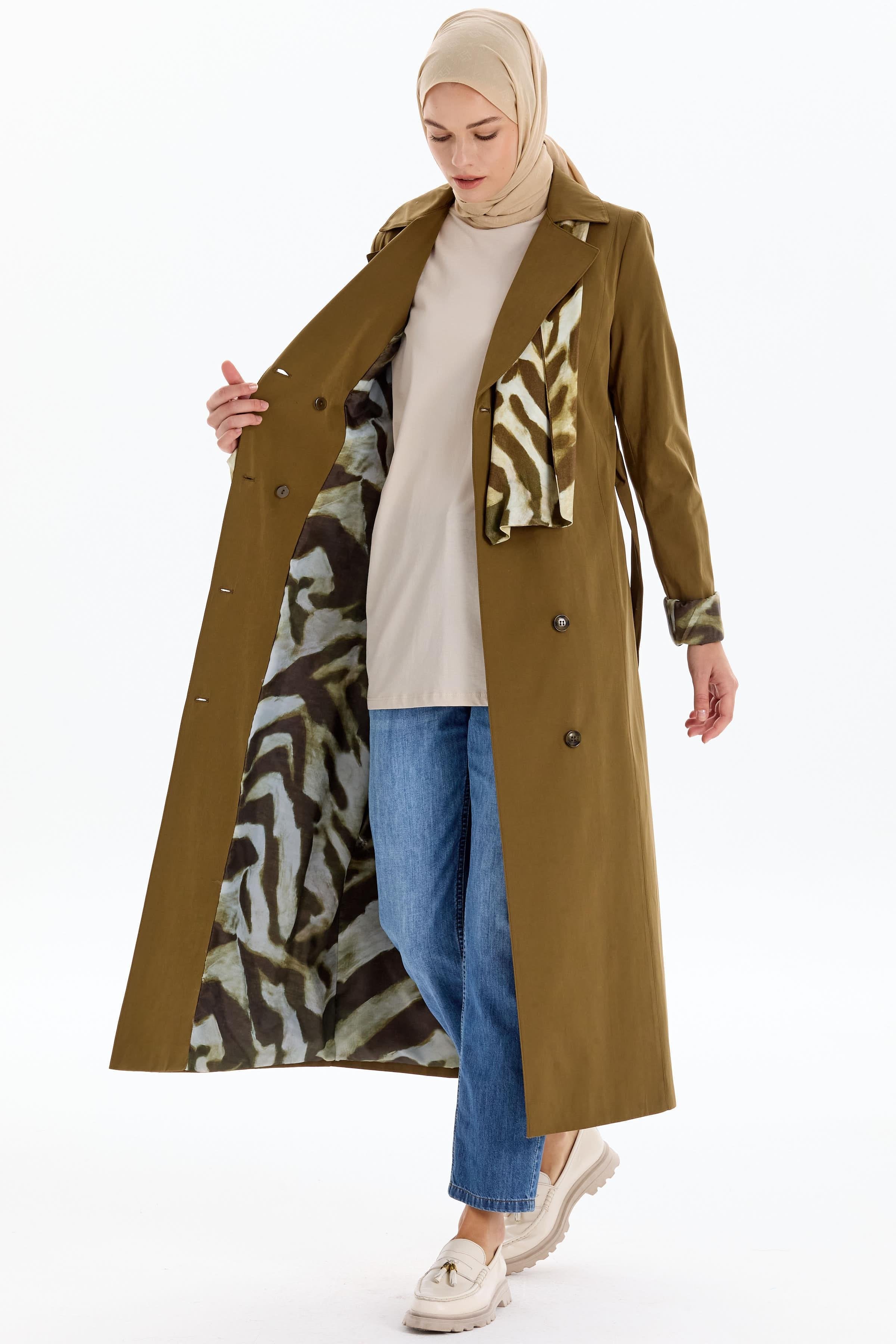 Garni Fular Detaylı Trençkot - Haki TUGBA
