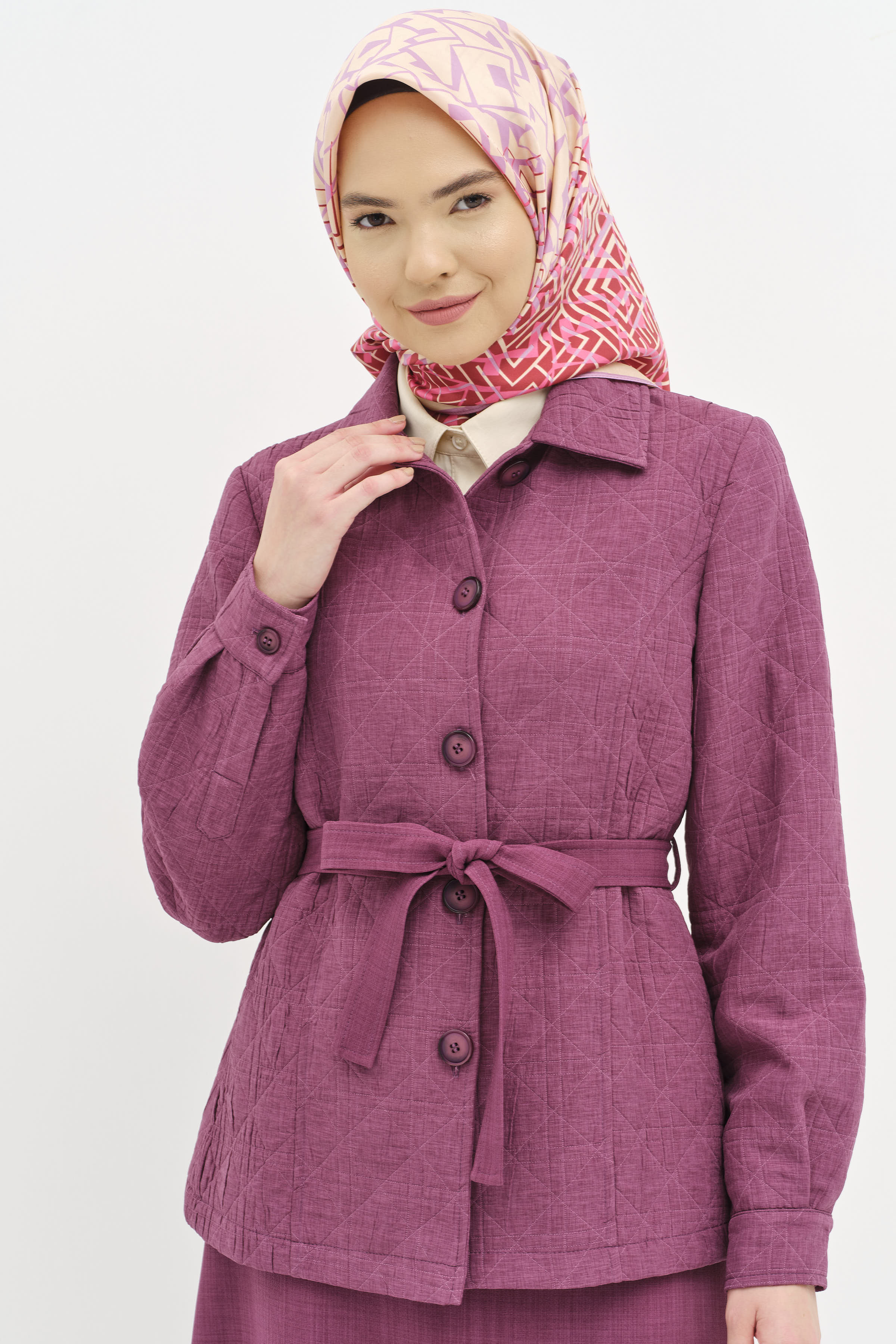 Garni Kemerli Kısa Ceket - Gül Kurusu TUGBA