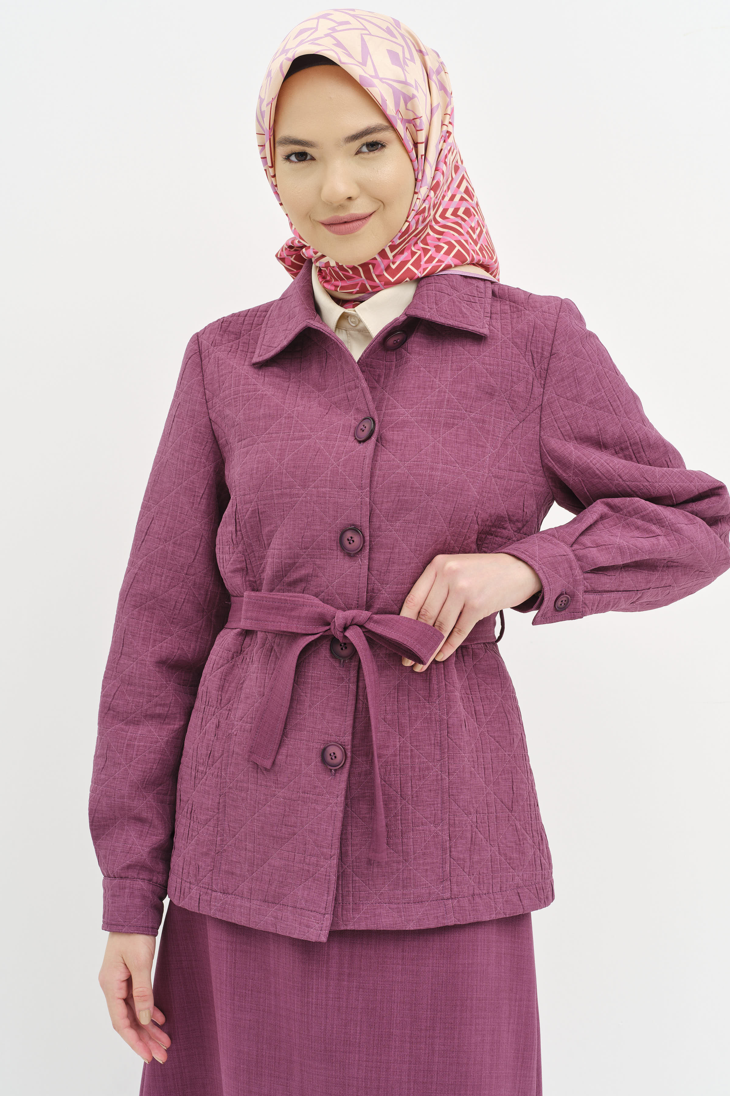 Garni Kemerli Kısa Ceket - Gül Kurusu TUGBA