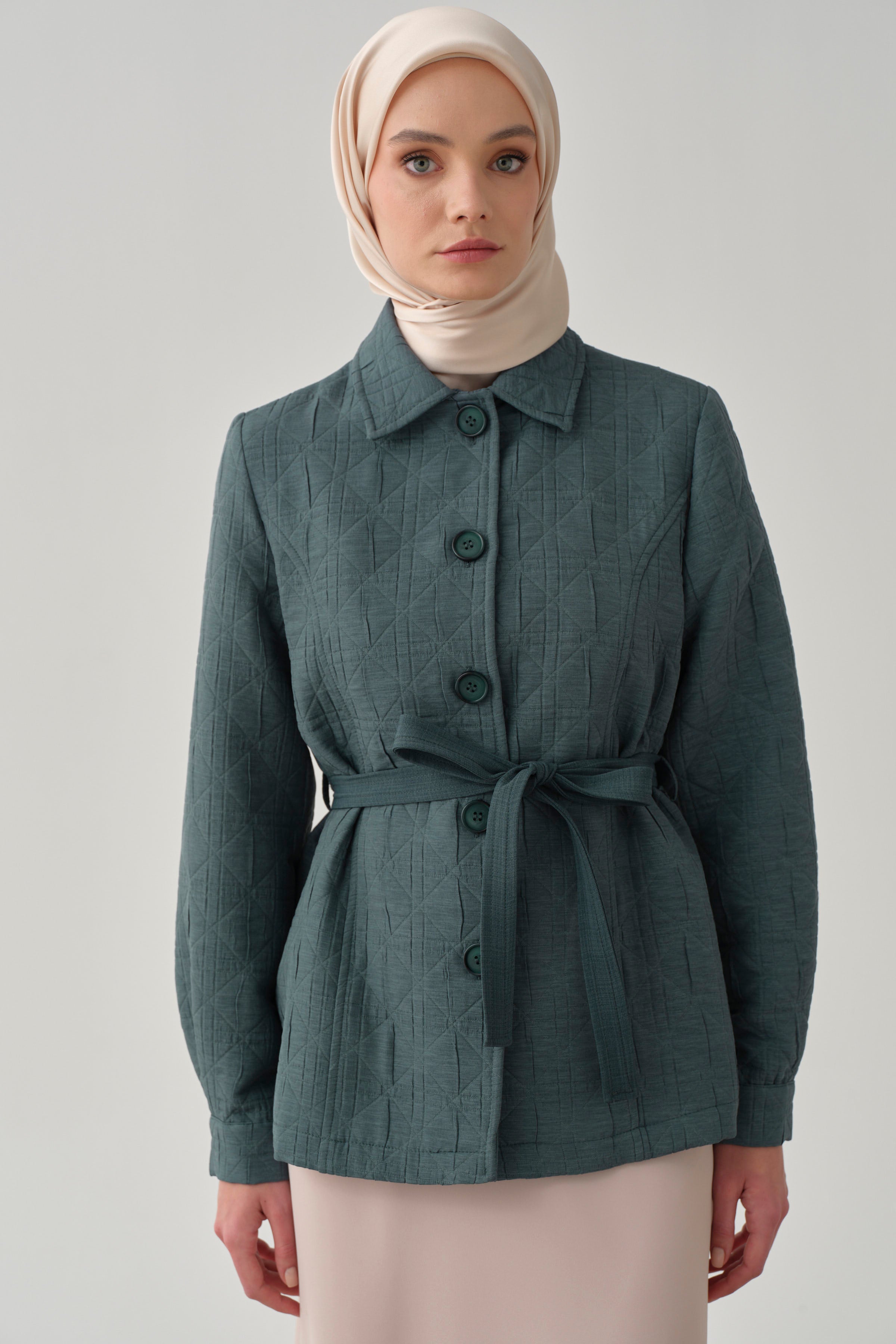 Garni Kemerli Kısa Ceket - Yeşil TUGBA