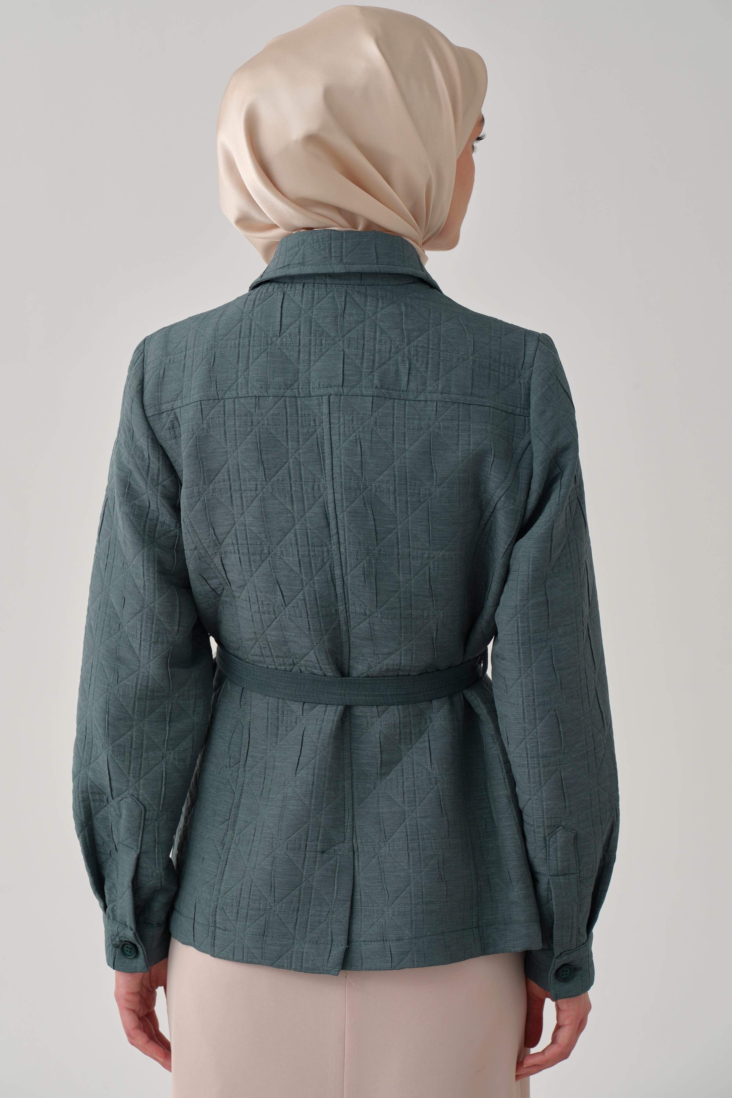 Garni Kemerli Kısa Ceket - Yeşil TUGBA