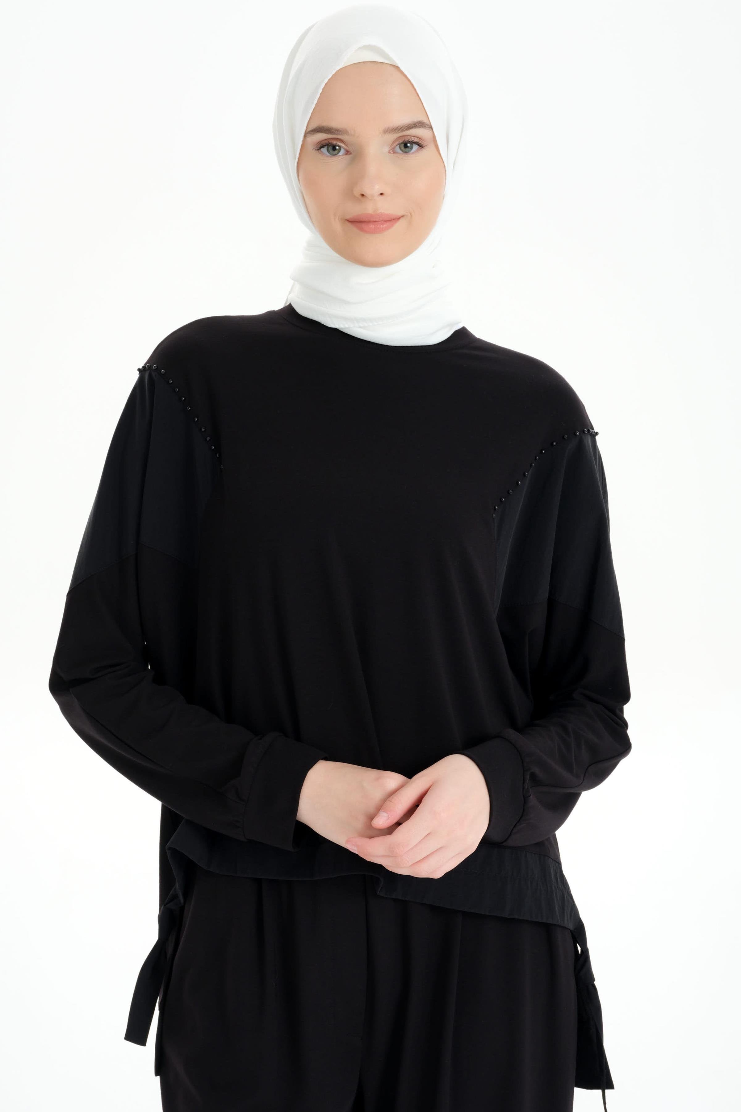 Garnili Asimetrik Sweat - Siyah TUGBA