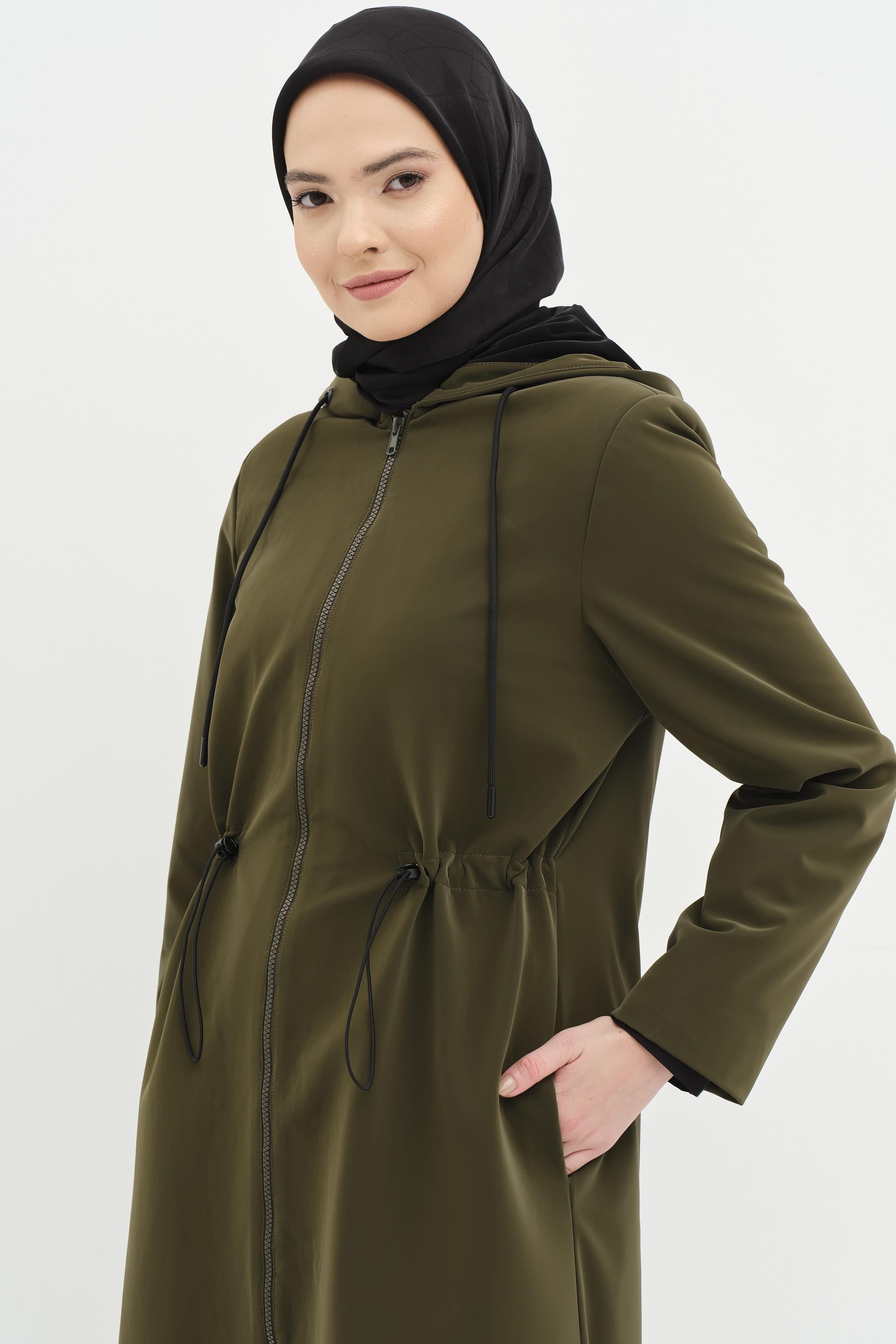 Garnili Bel Lastikli Yağmurluk - Haki TUGBA