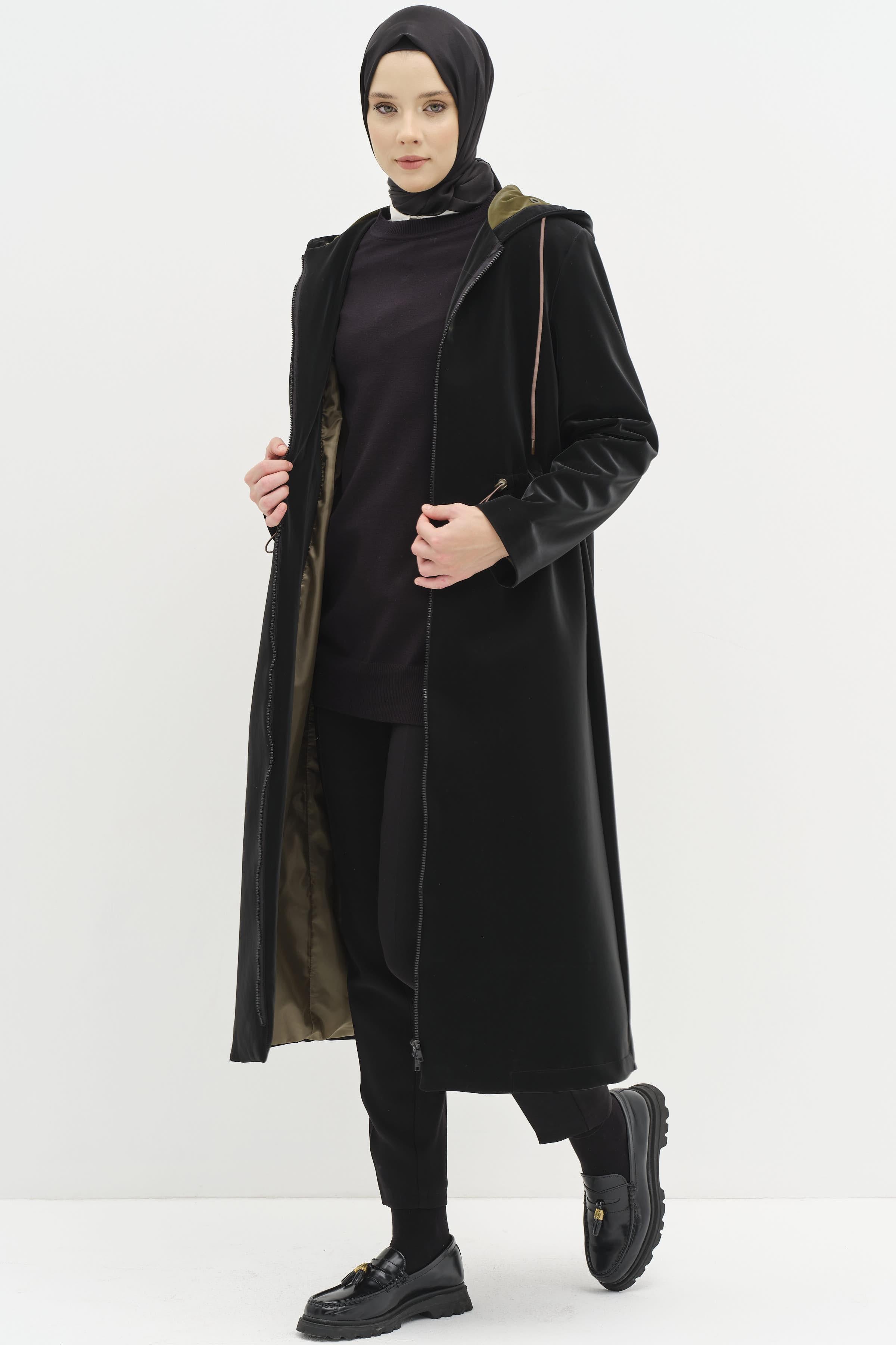 Garnili Bel Lastikli Yağmurluk - Siyah TUGBA