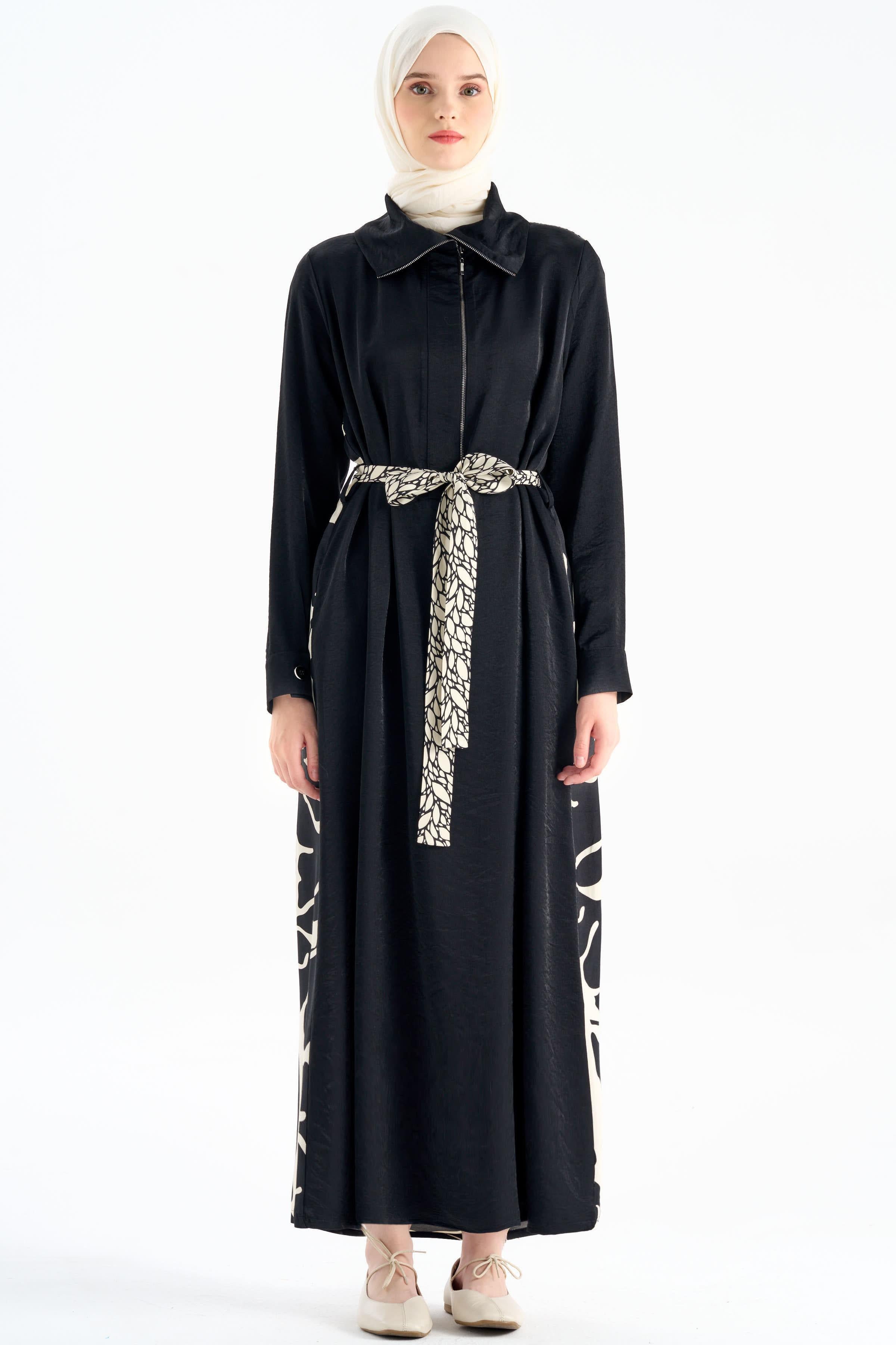 Garnili Beli Kuşaklı Elbise - Siyah TUGBA