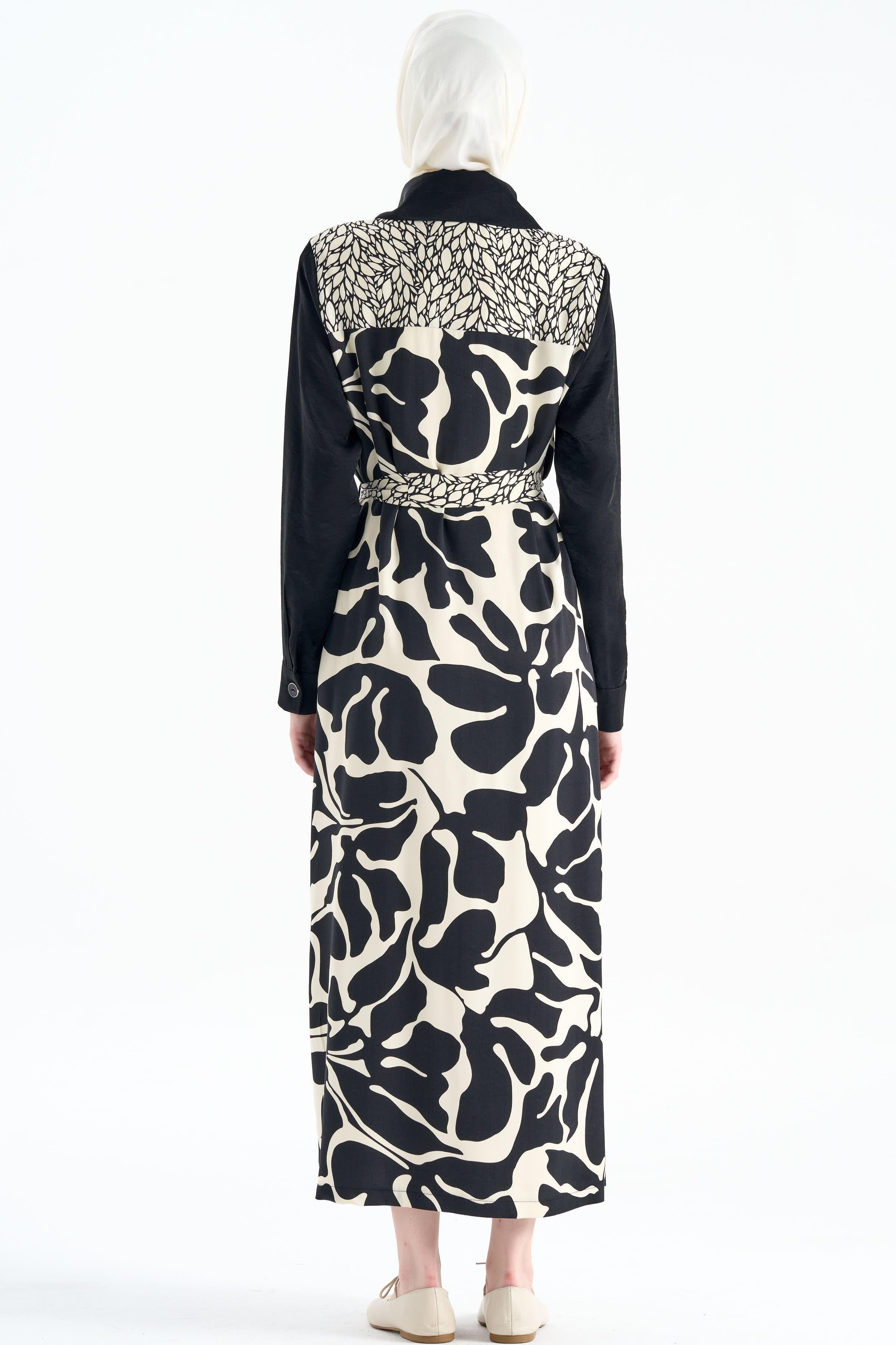 Garnili Beli Kuşaklı Elbise - Siyah TUGBA