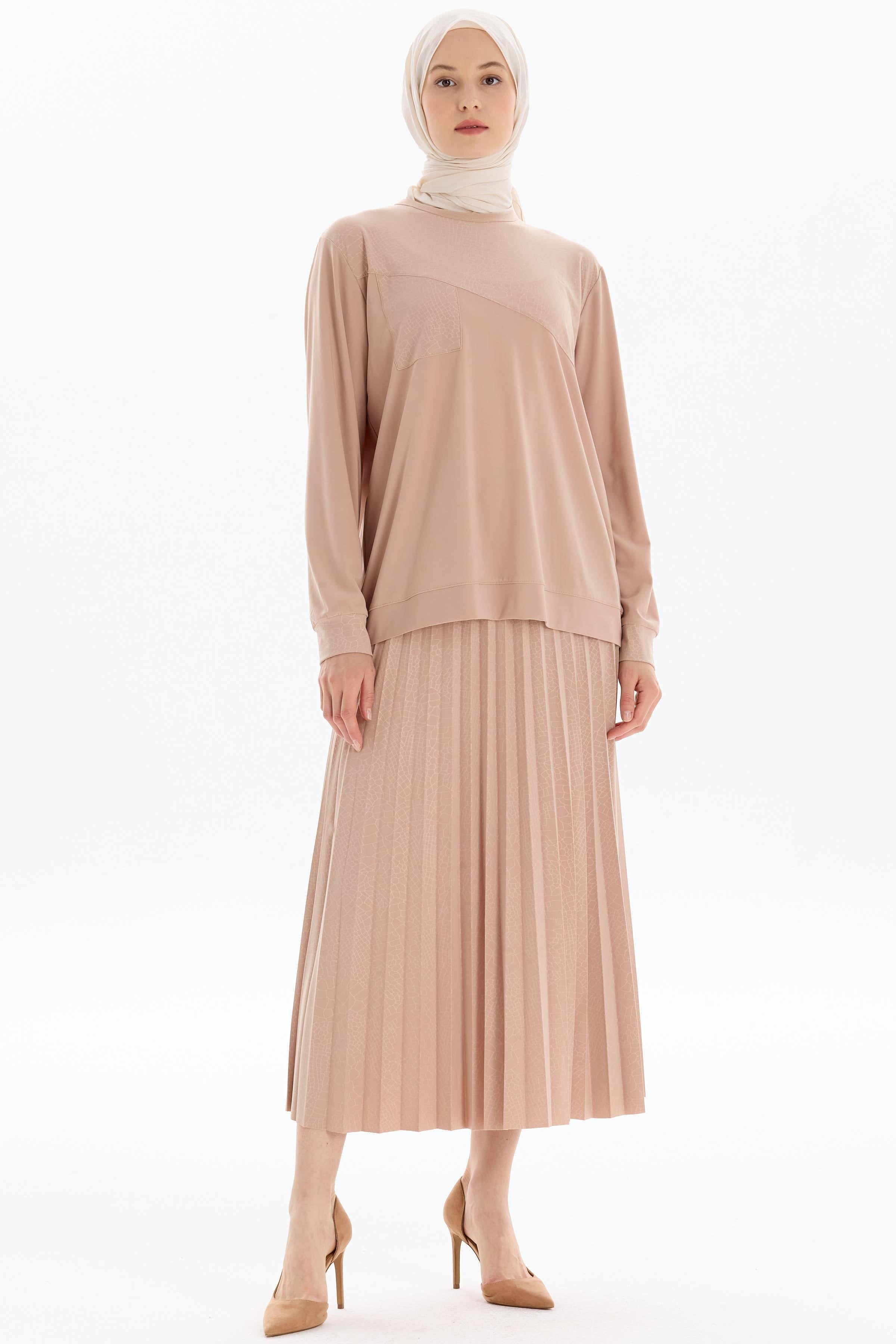 Garnili Bluz Etek Örme Takım - Bej TUGBA