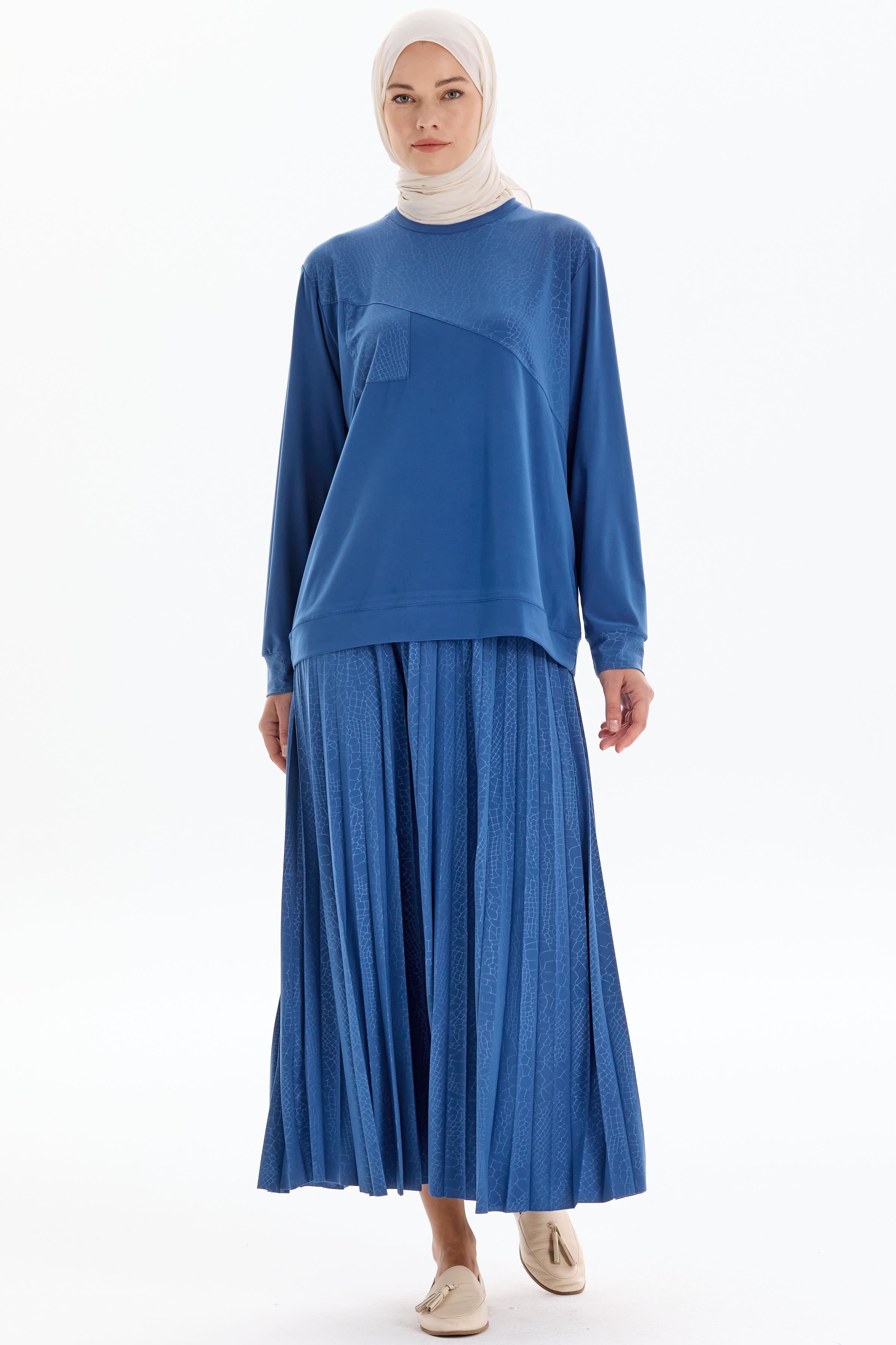 Garnili Bluz Etek Örme Takım - Mavi TUGBA