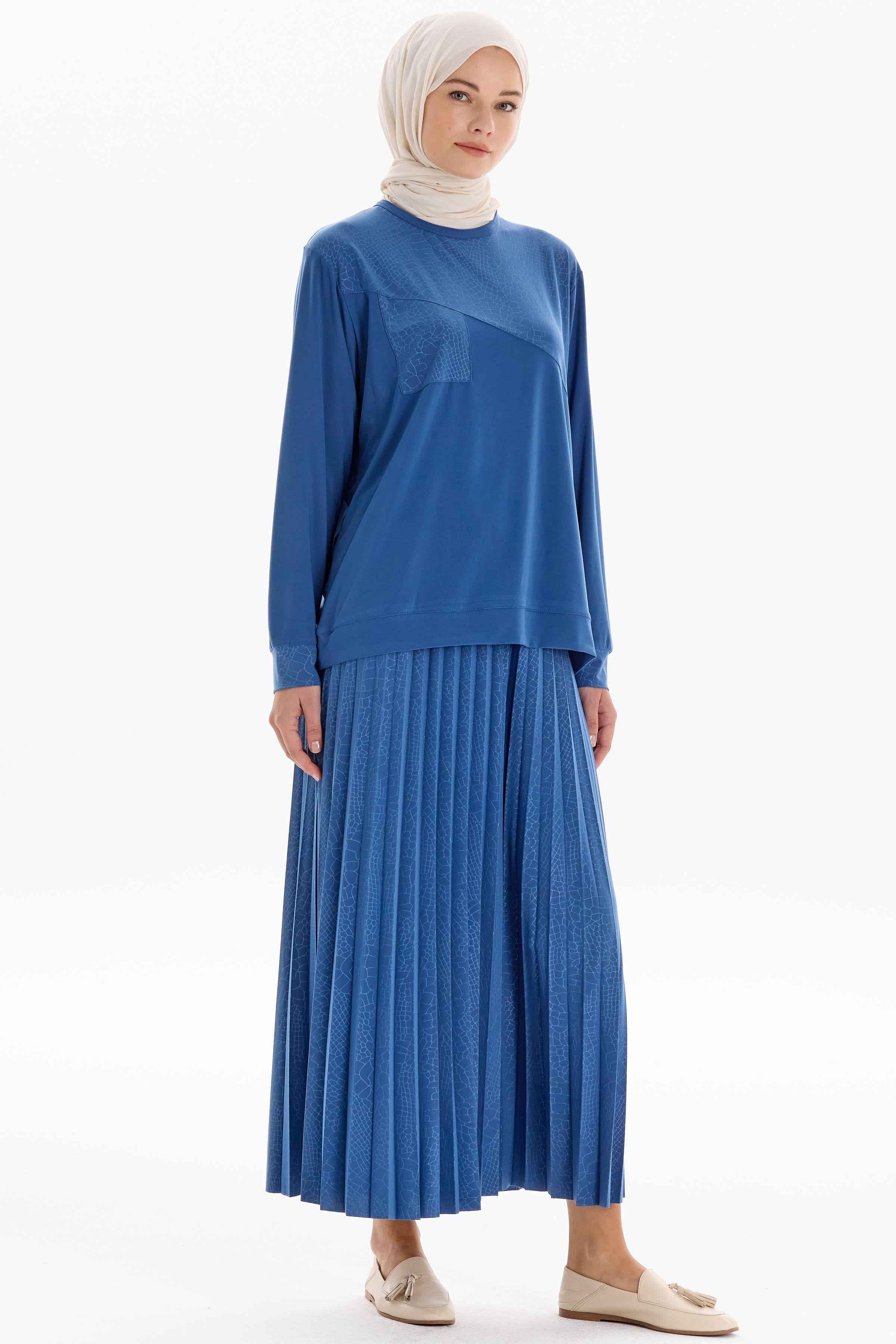 Garnili Bluz Etek Örme Takım - Mavi TUGBA